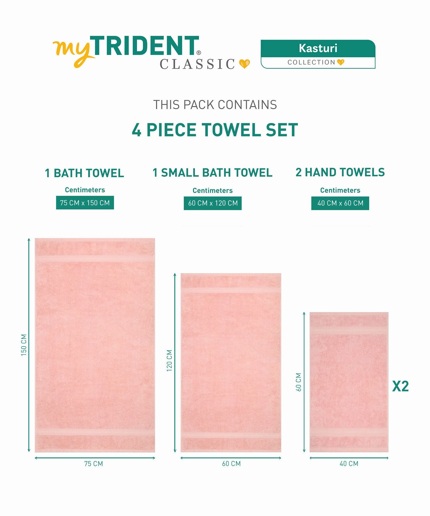 Classic Kasturi 4pc Towel Set, 100% cotton, 509 GSM, Tender Peach