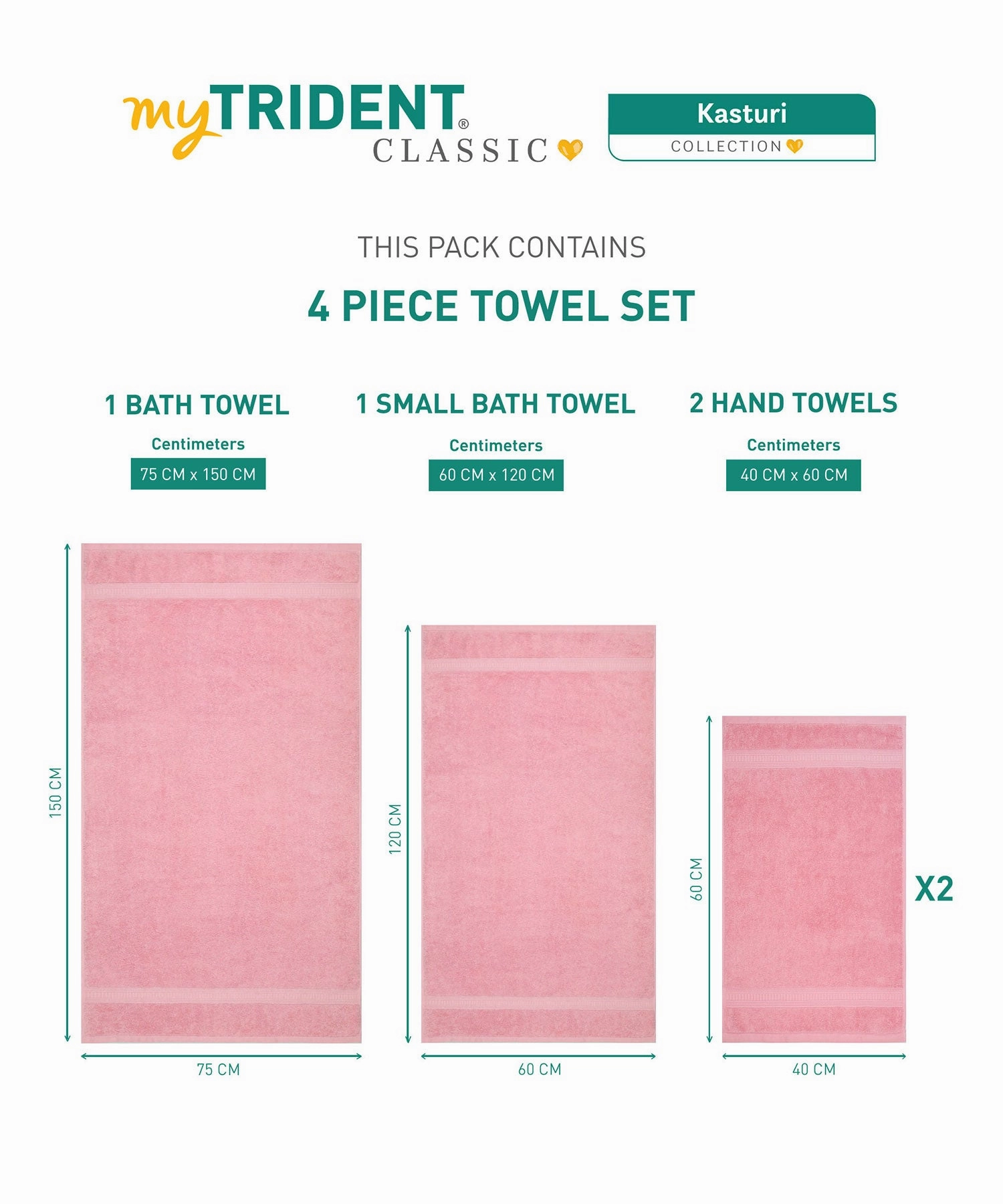Classic Kasturi 4pc Towel Set, 100% cotton,509 GSM, Victorian Pink