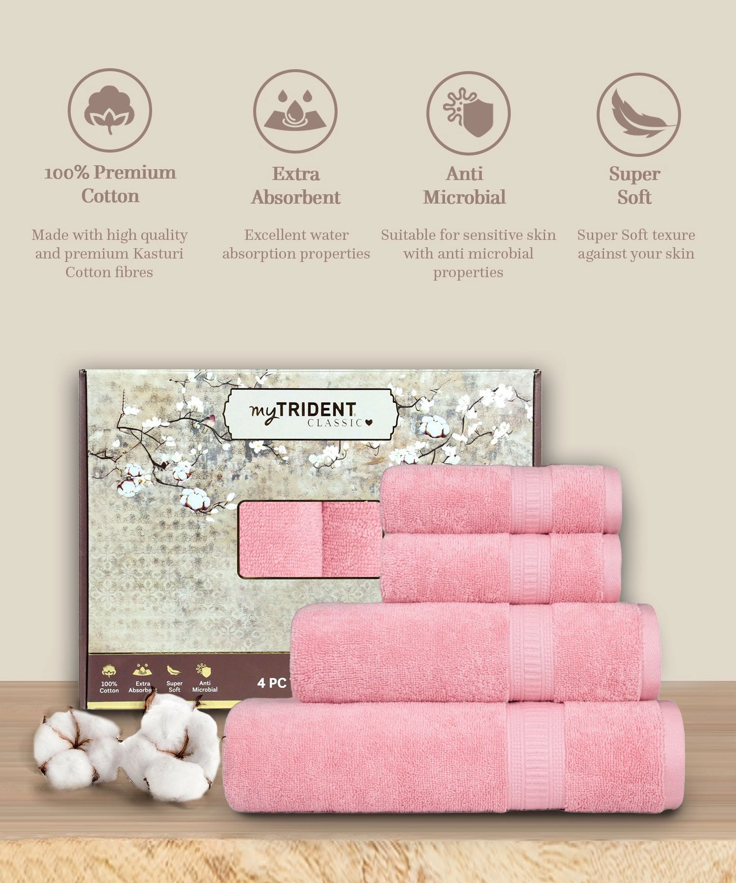 Classic Kasturi 4pc Towel Set, 100% cotton,509 GSM, Victorian Pink
