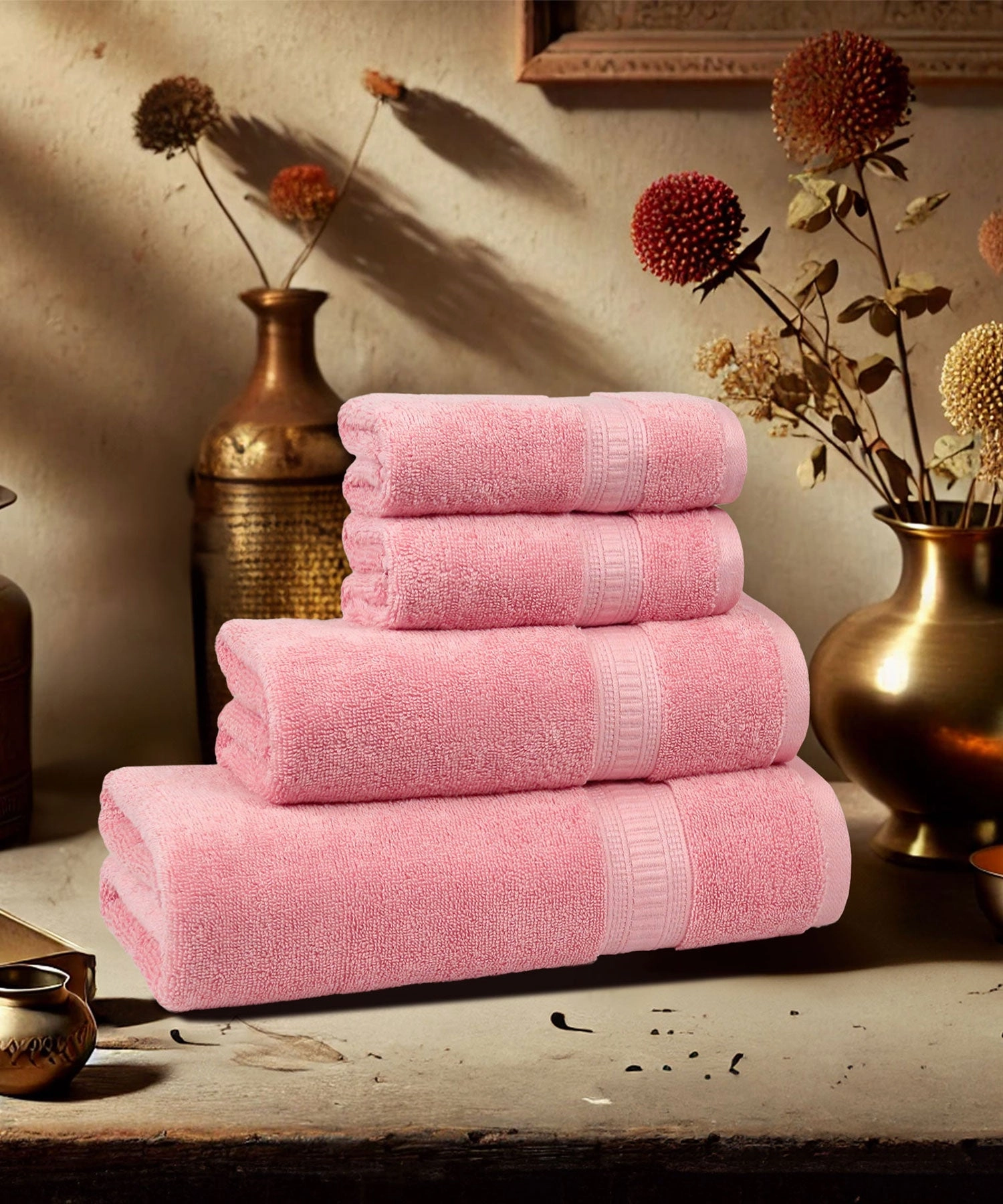 Classic Kasturi 4pc Towel Set, 100% cotton,509 GSM, Victorian Pink