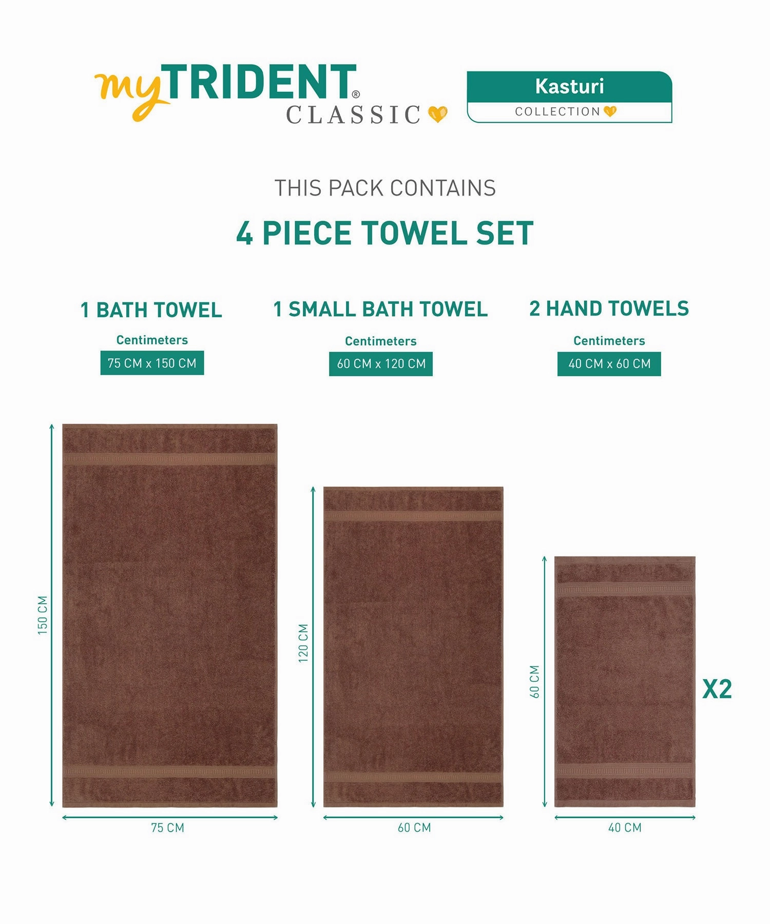 Classic Kasturi 4pc Towel Set, 100% cotton, 509 GSM, Willow wood