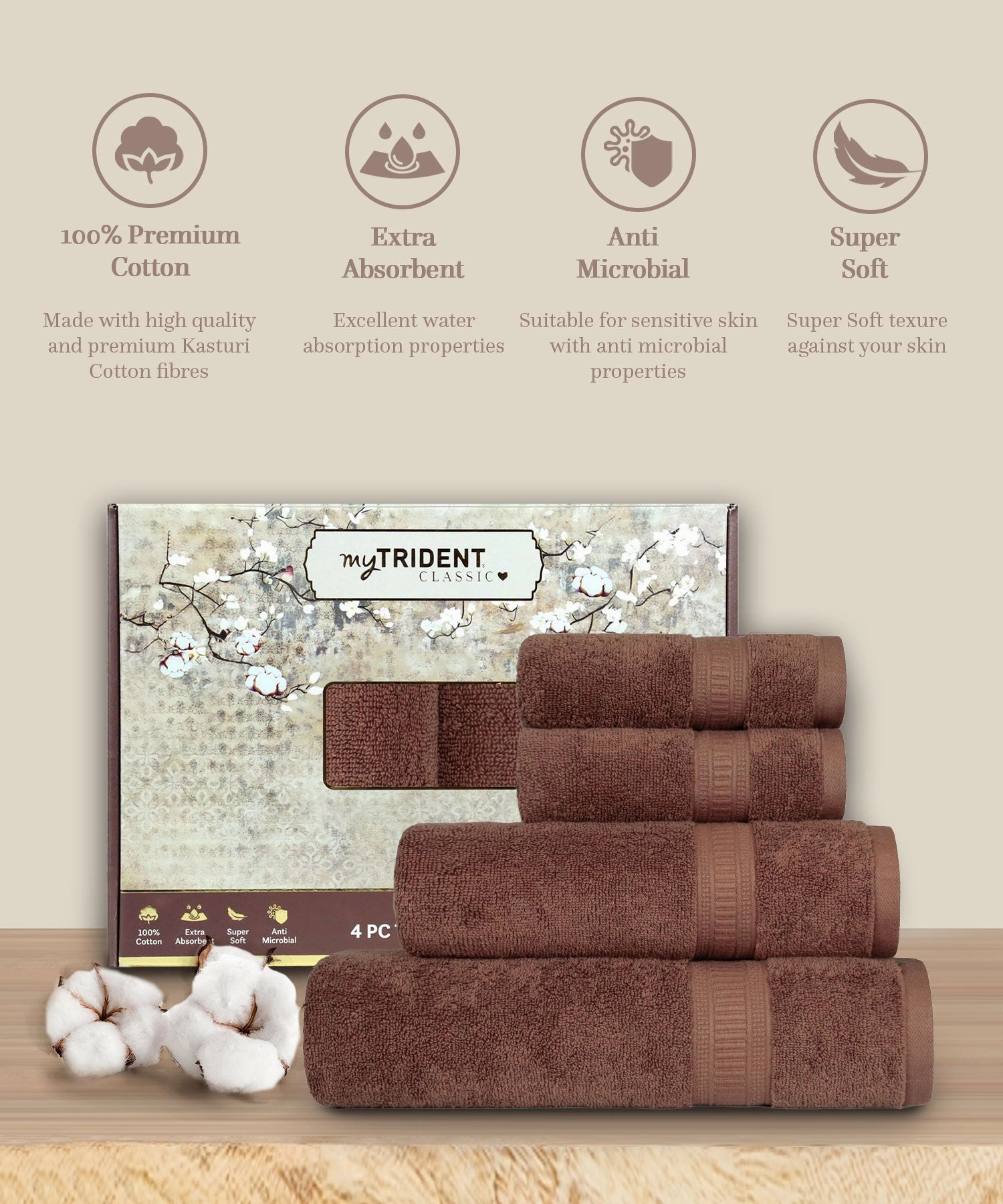 Classic Kasturi 4pc Towel Set, 100% cotton, 509 GSM, Willow wood