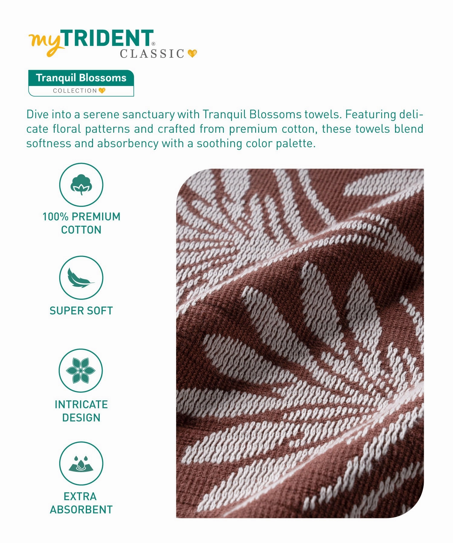 Classic Tranquil Blossoms Bath Towel, 550 GSM, 100% Cotton, Ember