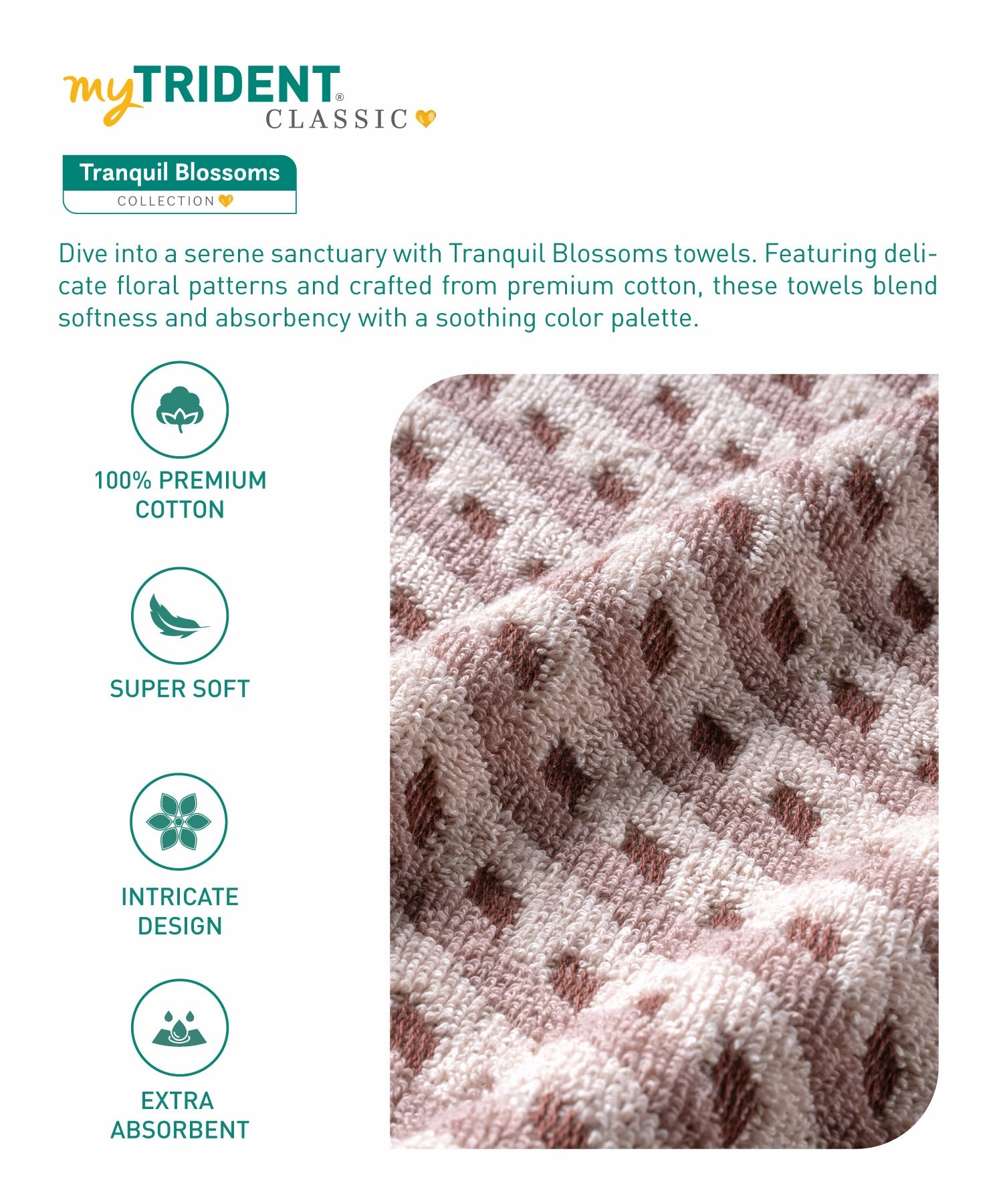 Classic Tranquil Blossoms Bath Towel, 550 GSM, 100% Cotton, Harvey