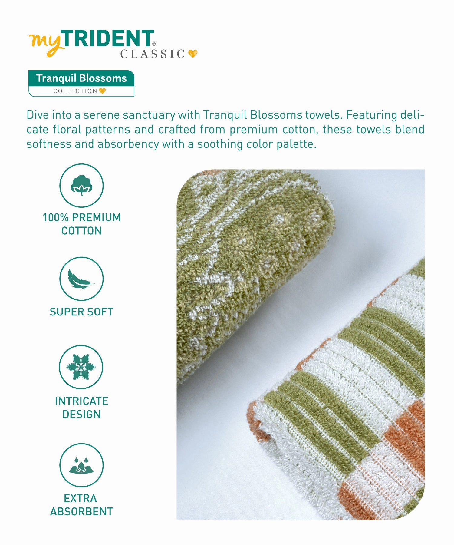 Classic Tranquil Blossoms Towel Set, 550 GSM, 100% Cotton, Cerena