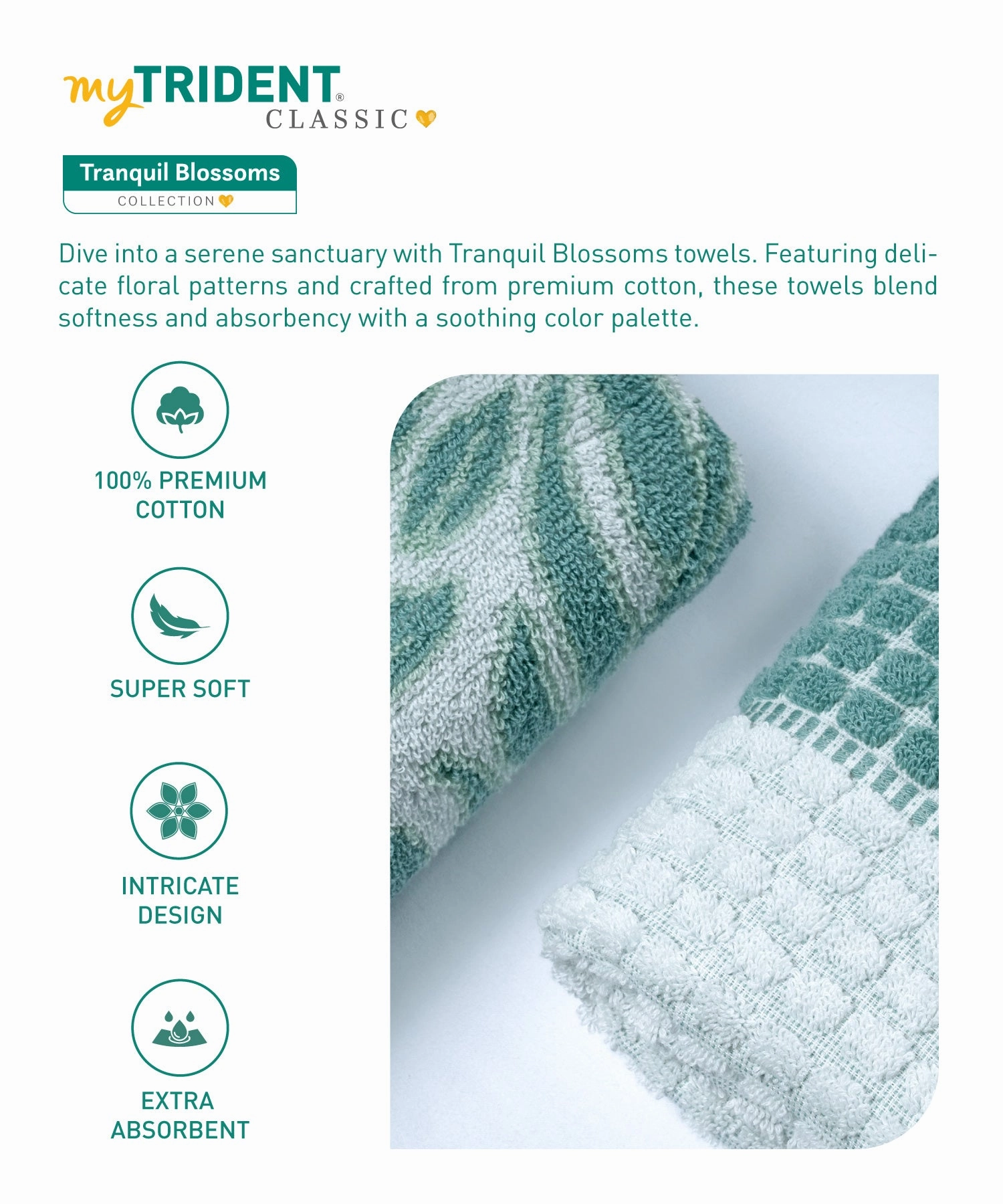 Classic Tranquil Blossoms Towel Set, 550 GSM, 100% Cotton, Cyntia