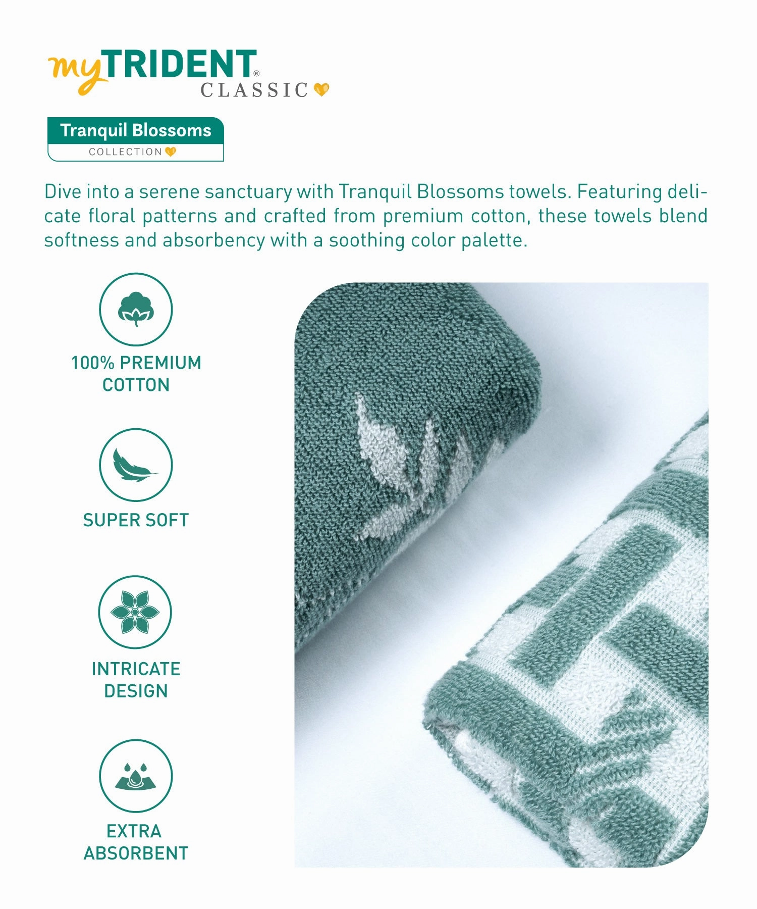 Classic Tranquil Blossoms Towel Set, 550 GSM, 100% Cotton, Harper
