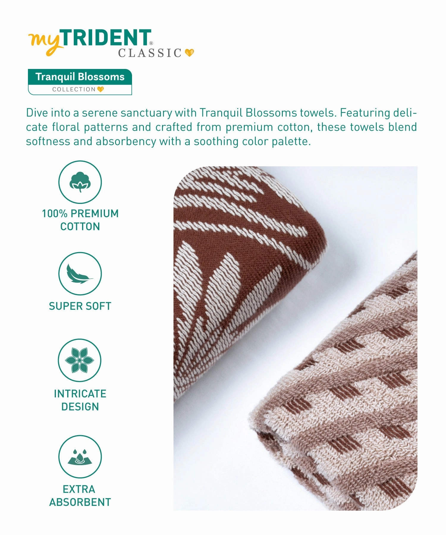 Classic Tranquil Blossoms Towel Set, 550 GSM, 100% Cotton, Harvey
