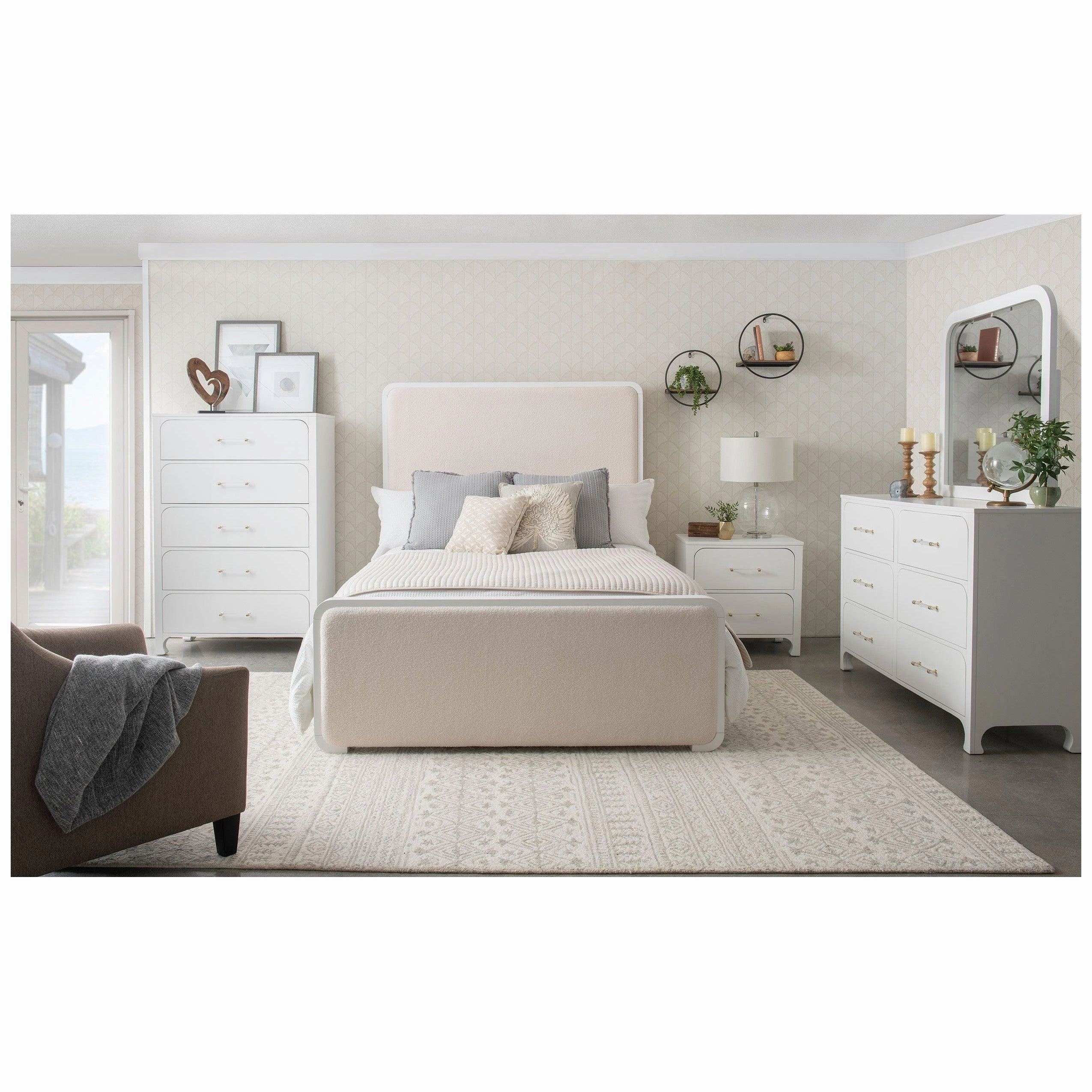 Coaster Anastasia Boucle Upholstered Eastern King Panel Bed Pearl White and Beige