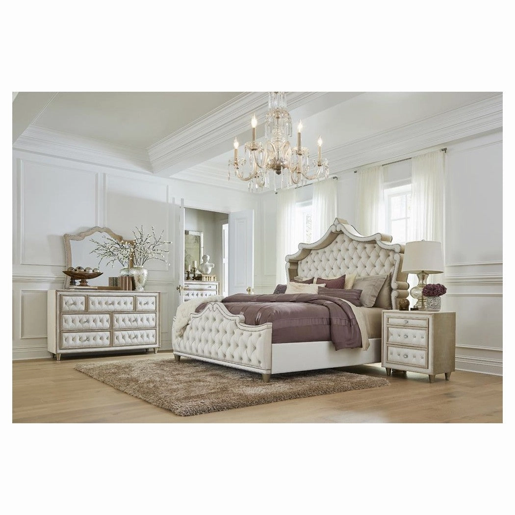 Coaster Antonella Upholstered Tufted Eastern King Bed Ivory And Camel