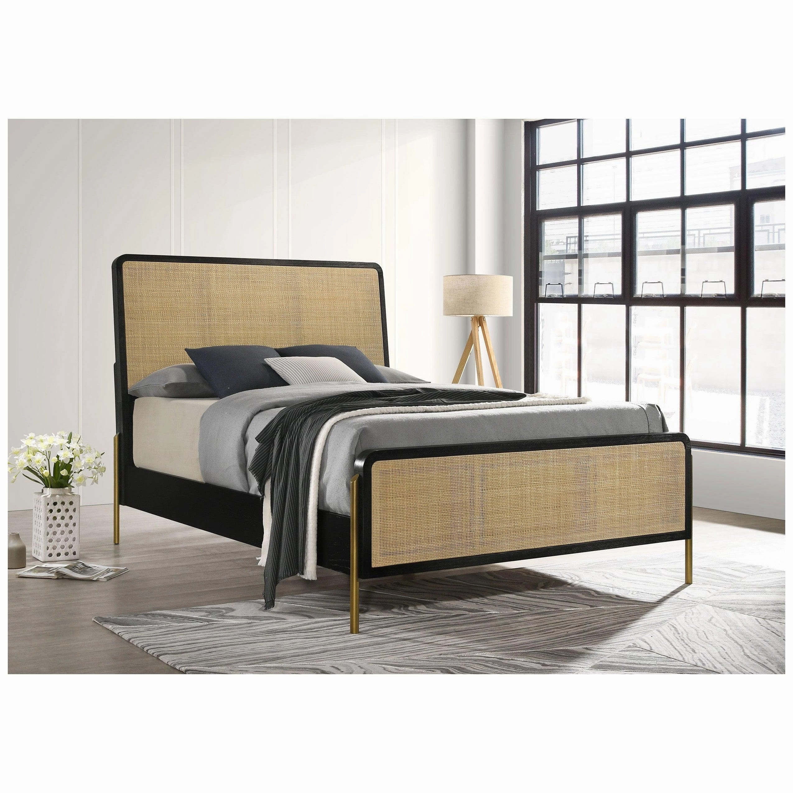 Coaster Arini Queen Bed with Woven Rattan Headboard Black and Natural