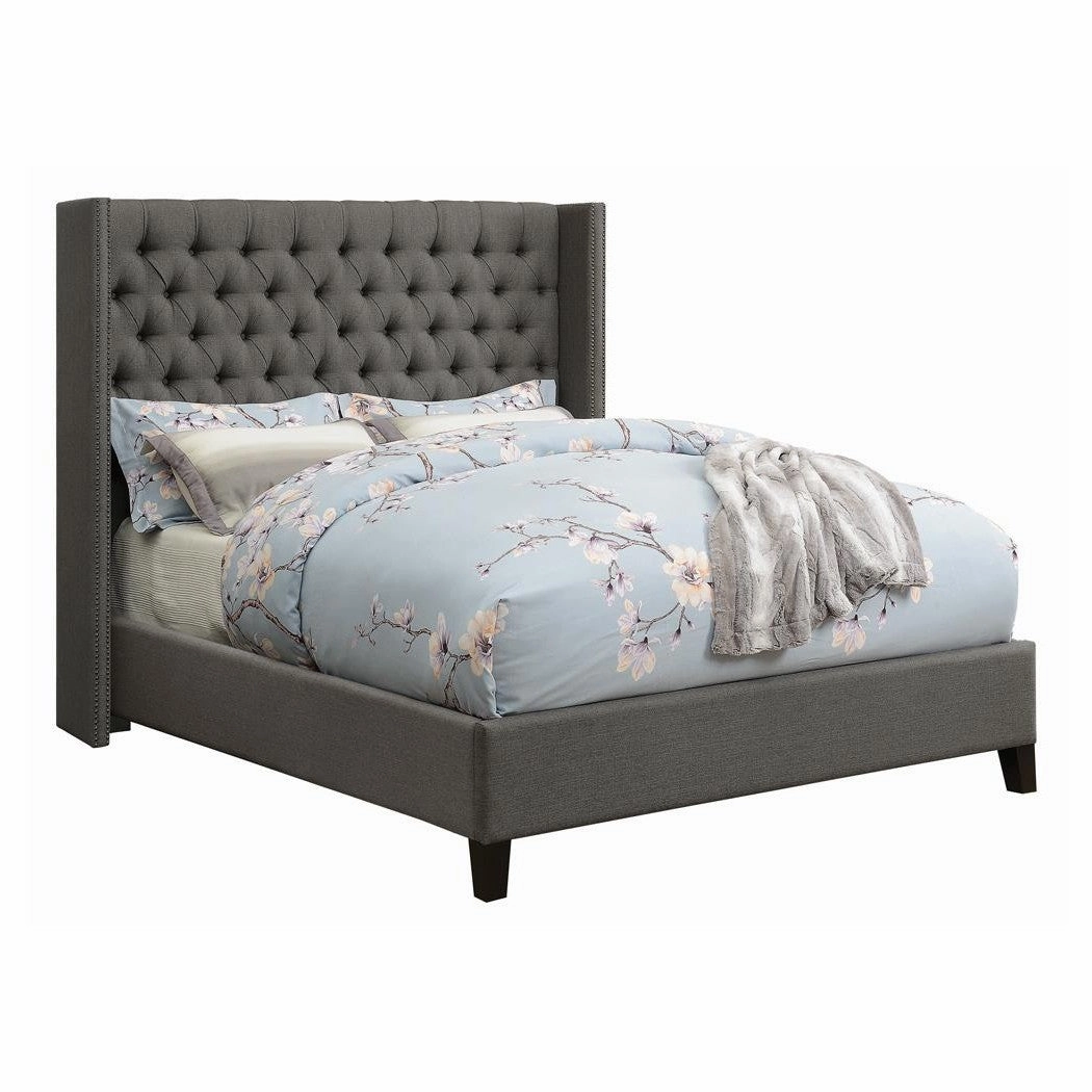 Coaster Bancroft Demi-Wing Upholstered Eastern King Bed Grey bed frame,bed base,bedroom furniture