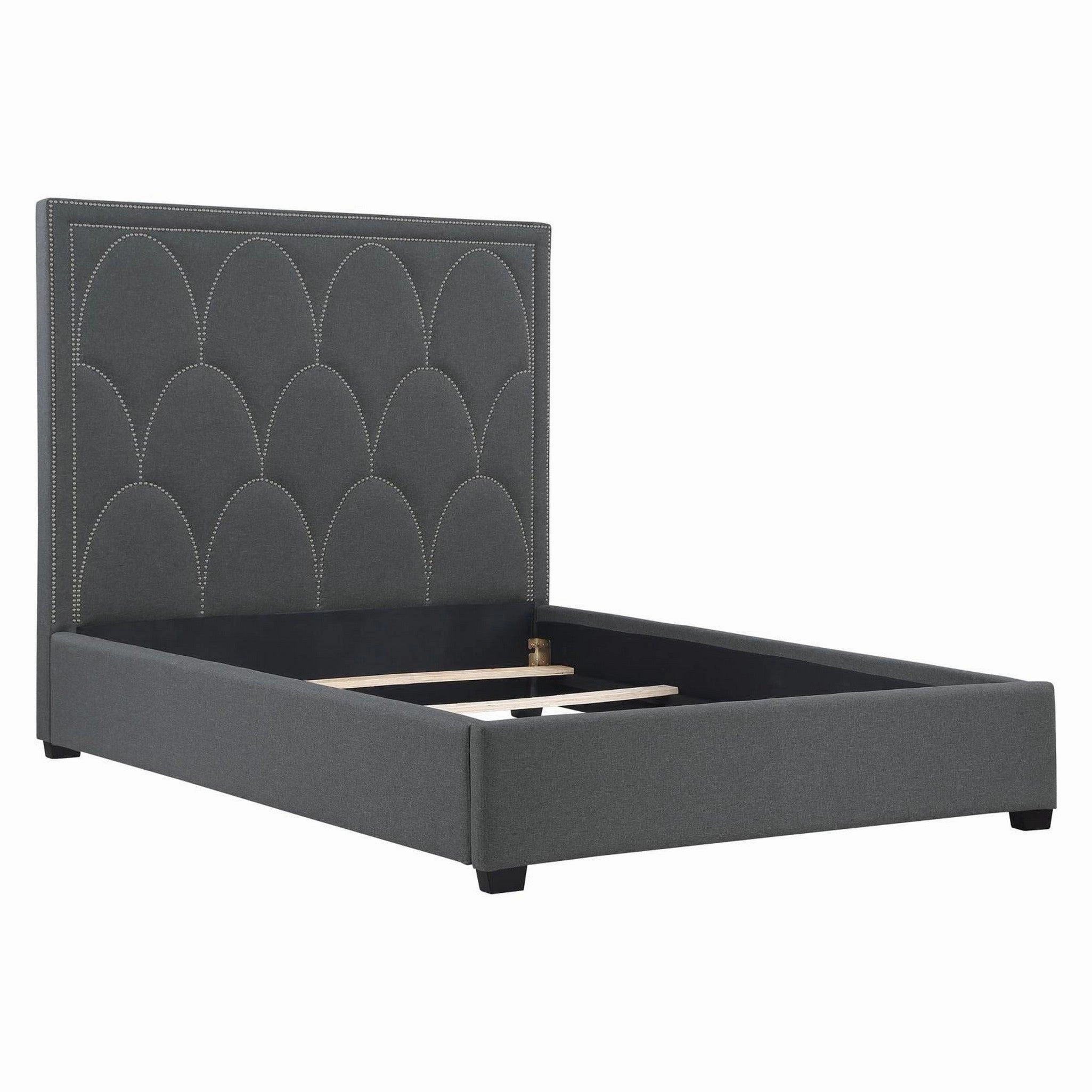 Coaster Bowfield Upholstered Bed With Nailhead Trim Charcoal bed frame,bed base,bedroom furniture