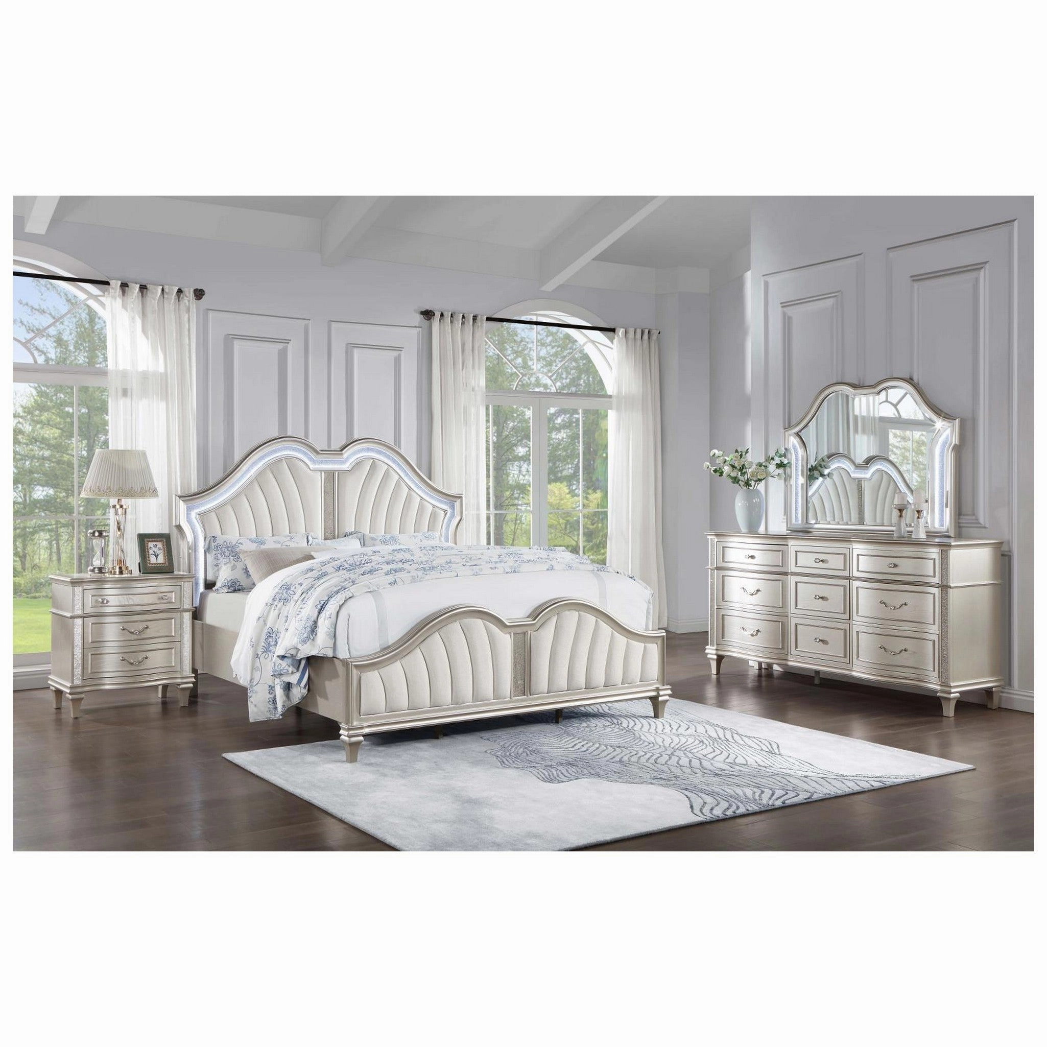 Coaster Evangeline 4-Piece Upholstered Platform Queen Bedroom Set Ivory And Silver Oak
