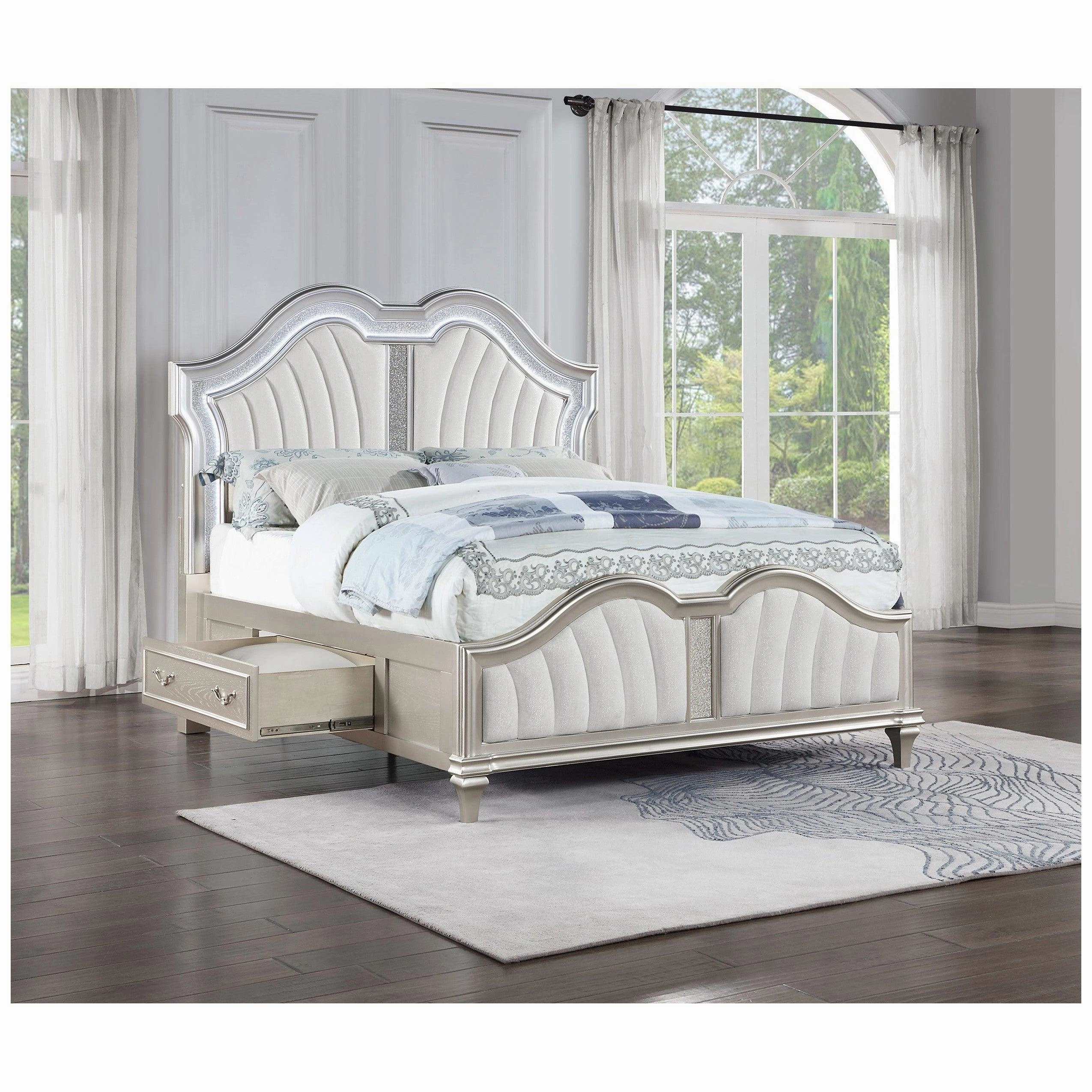Coaster Evangeline California King Storage Bed with LED Headboard Silver Oak and Ivory
