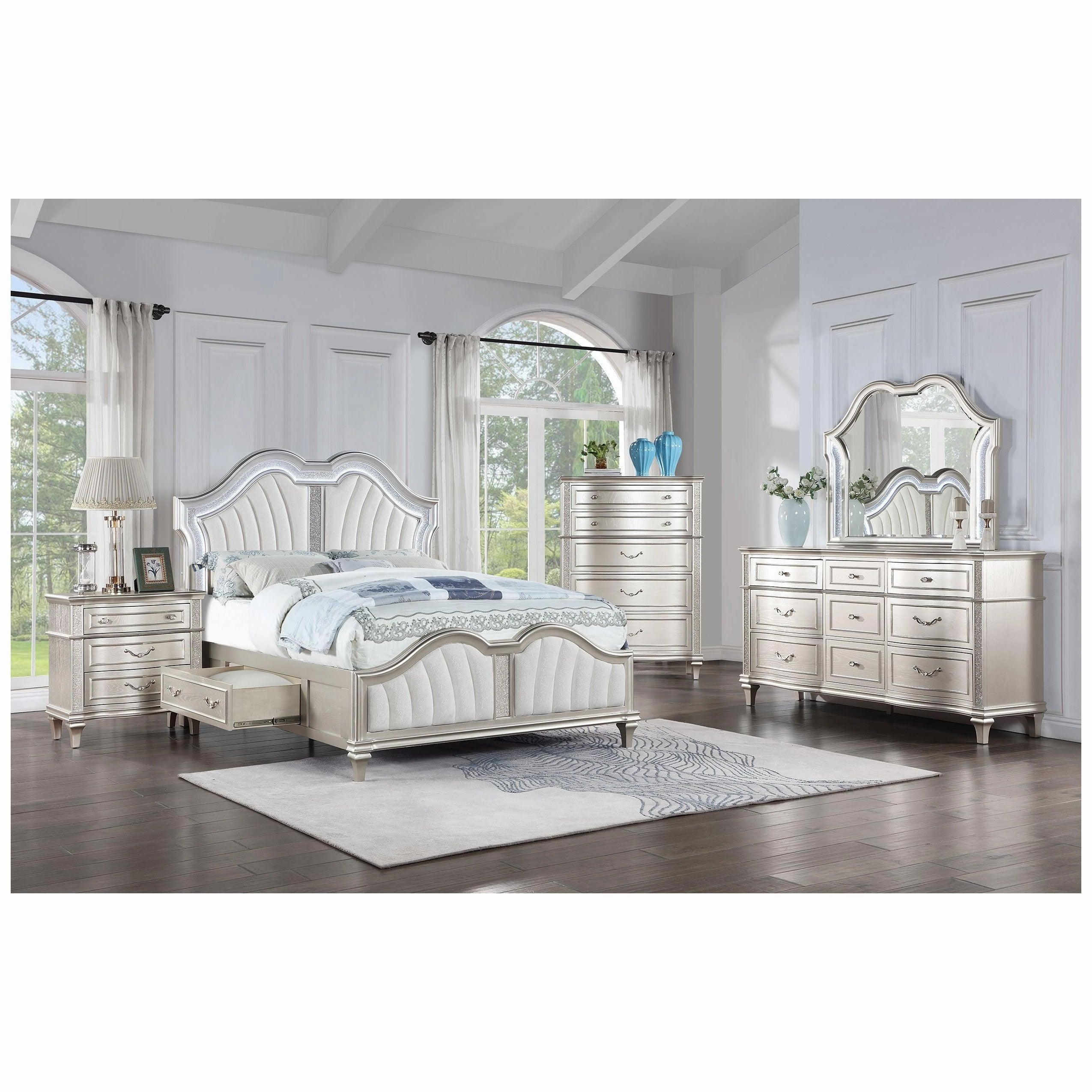 Coaster Evangeline California King Storage Bed with LED Headboard Silver Oak and Ivory