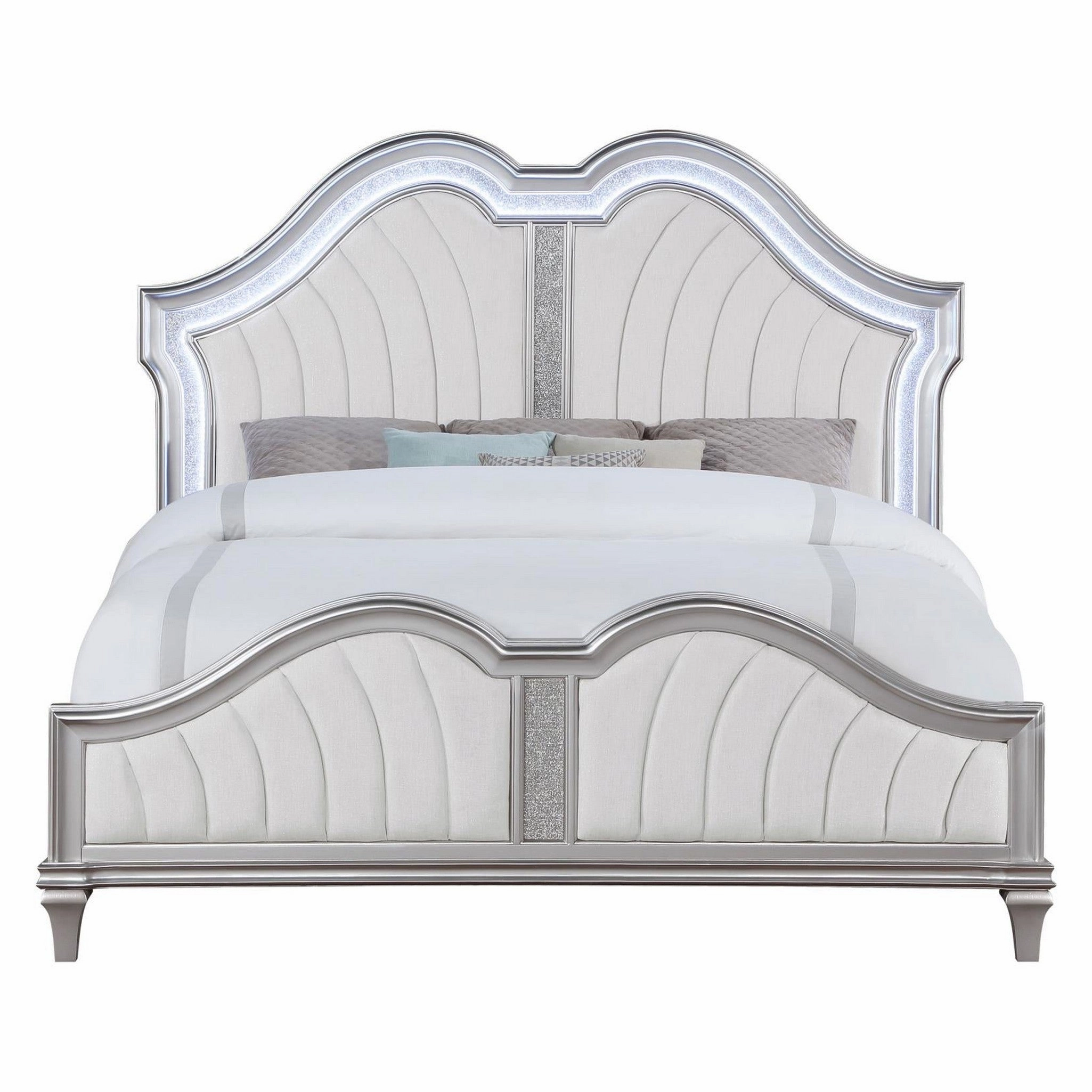 Coaster Evangeline Tufted Upholstered Platform Eastern King Bed Ivory And Silver Oak