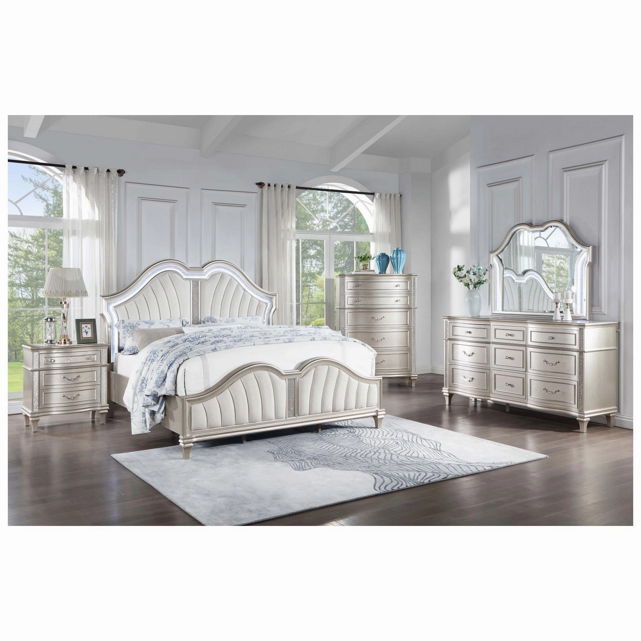 Coaster Evangeline Tufted Upholstered Platform Eastern King Bed Ivory And Silver Oak