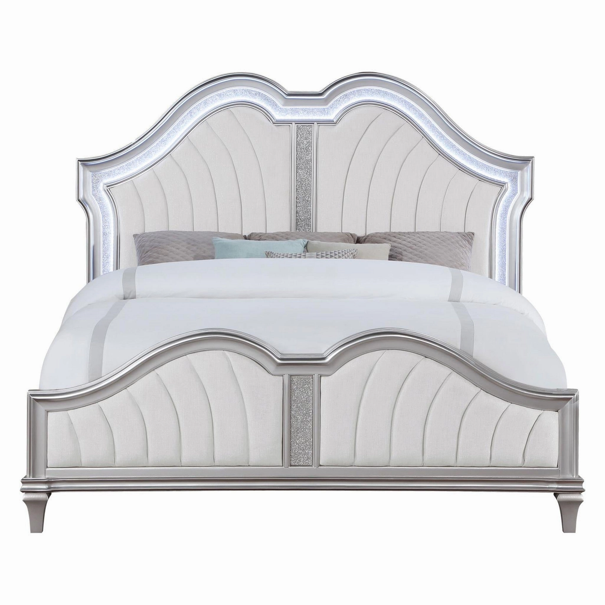 Coaster Evangeline Tufted Upholstered Platform Queen Bed Ivory And Silver Oak