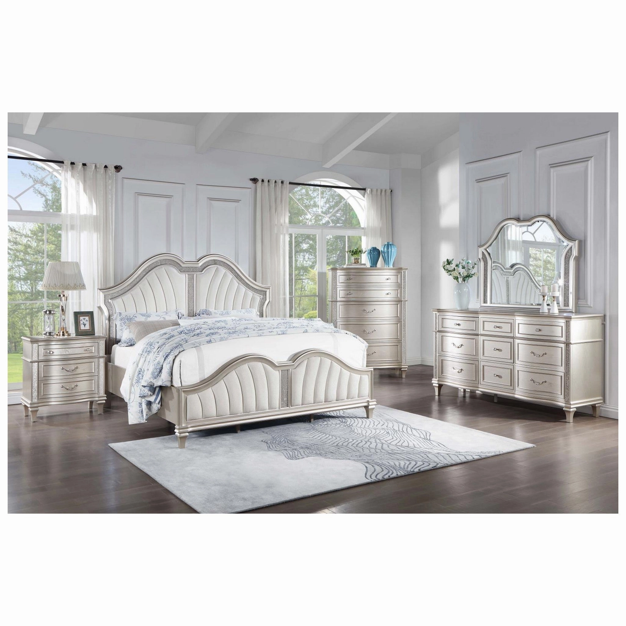 Coaster Evangeline Tufted Upholstered Platform Queen Bed Ivory And Silver Oak