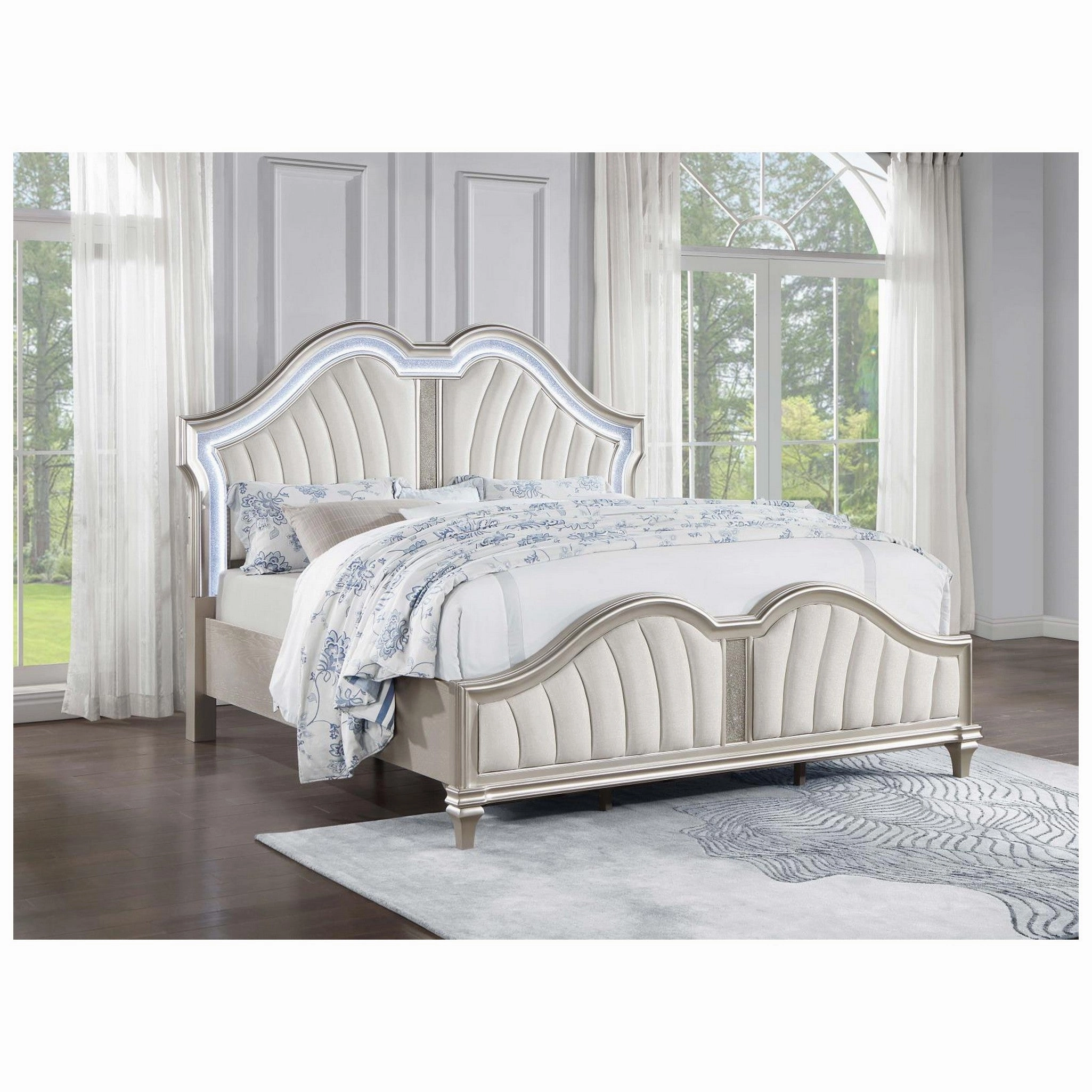 Coaster Evangeline Tufted Upholstered Platform Queen Bed Ivory And Silver Oak
