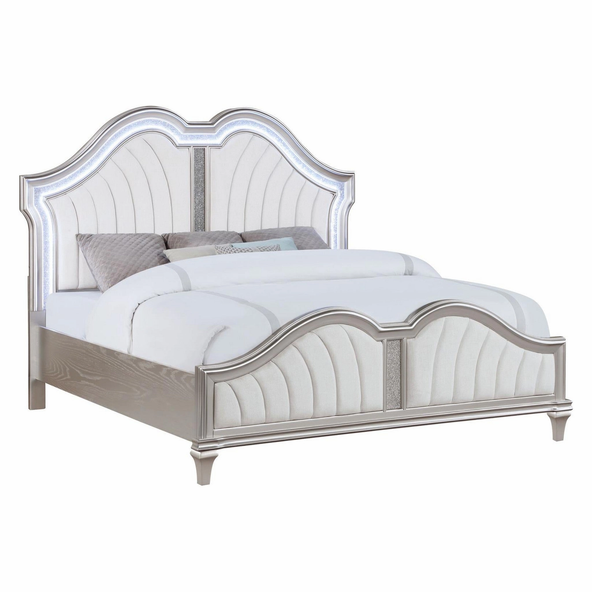 Coaster Evangeline Tufted Upholstered Platform Queen Bed Ivory And Silver Oak