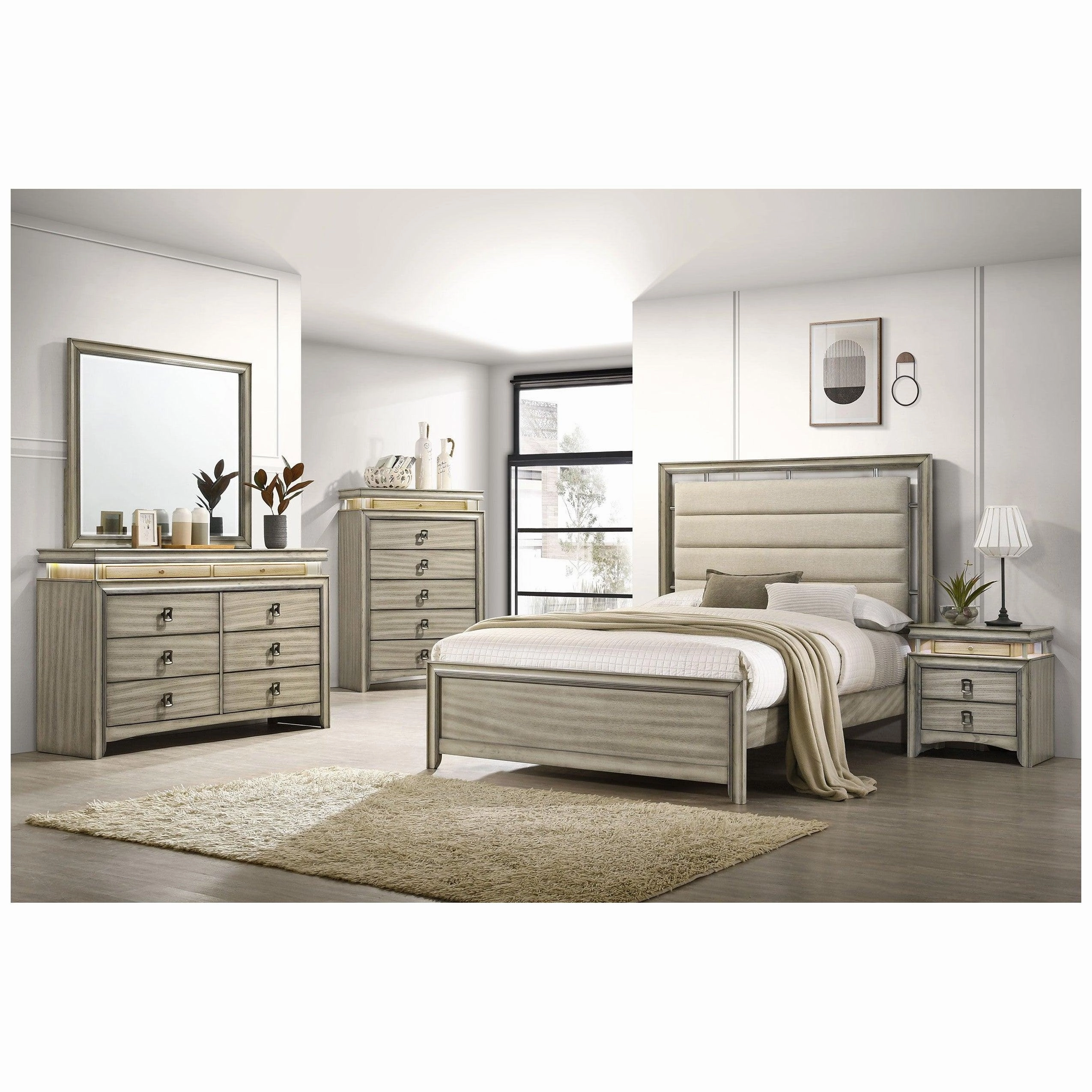 Coaster Giselle Queen Panel Bed with Upholstered Headboard Rustic Beige