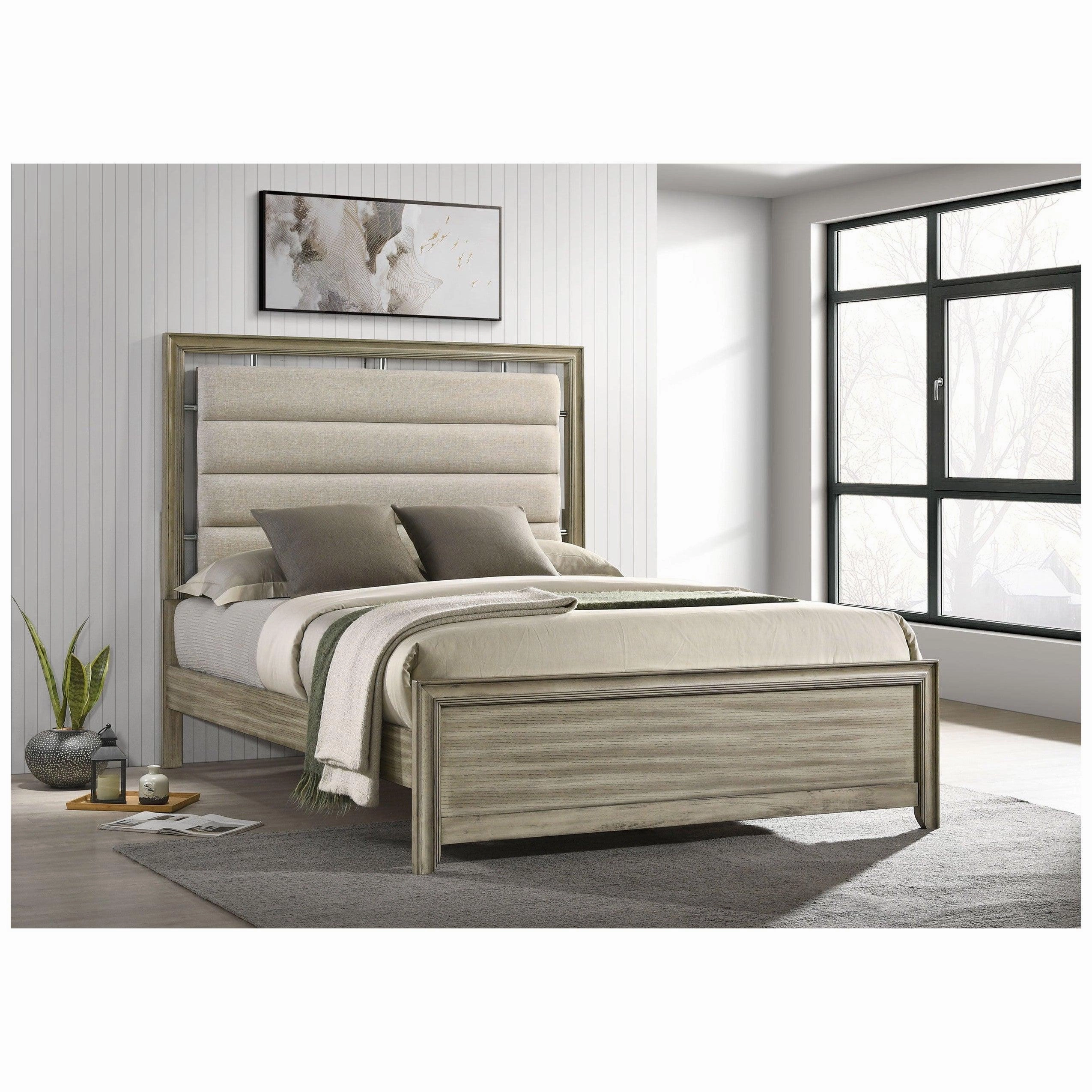 Coaster Giselle Queen Panel Bed with Upholstered Headboard Rustic Beige