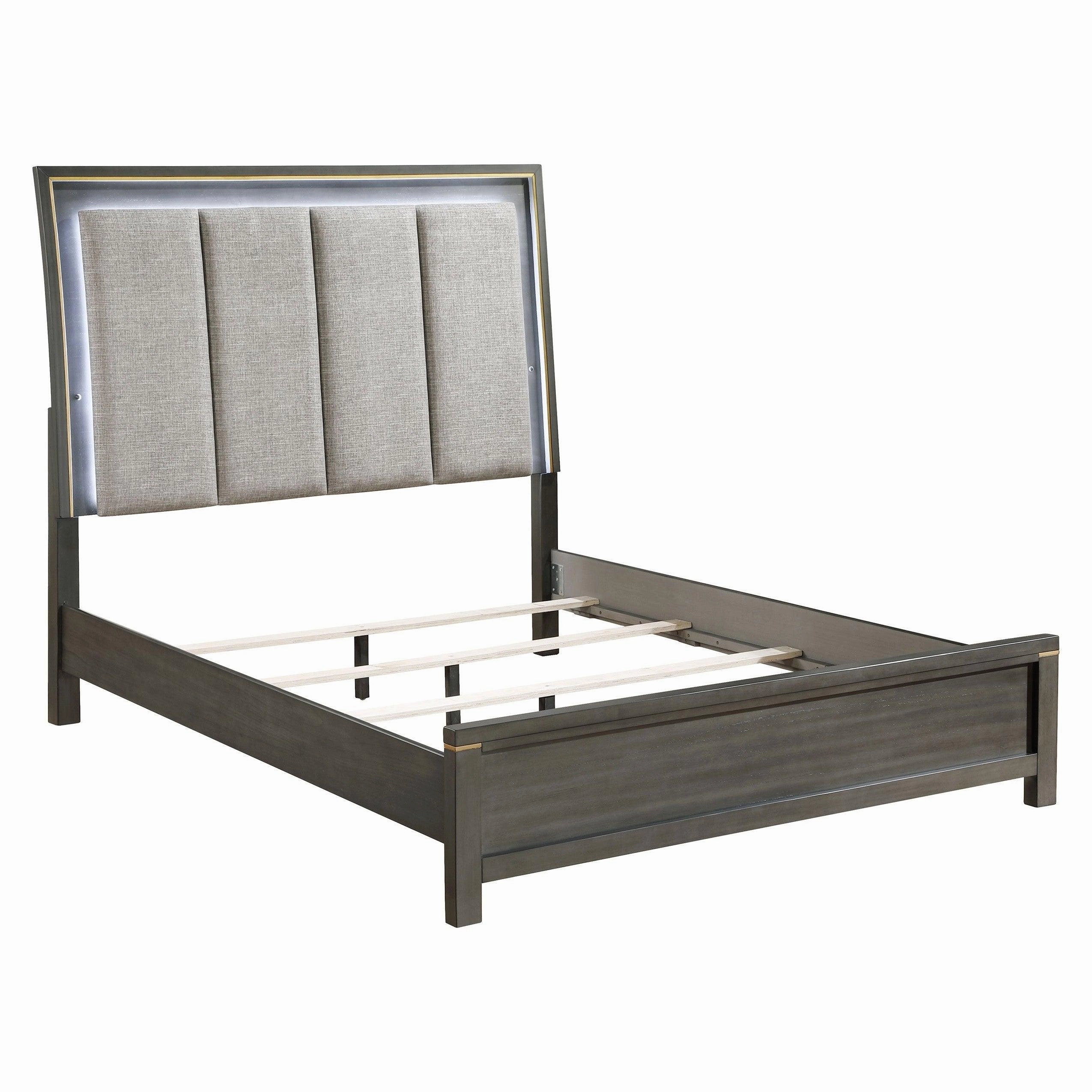 Coaster Kieran Eastern King Panel Bed with Upholstered LED Headboard Grey bed frame,bed base,bedroom furniture