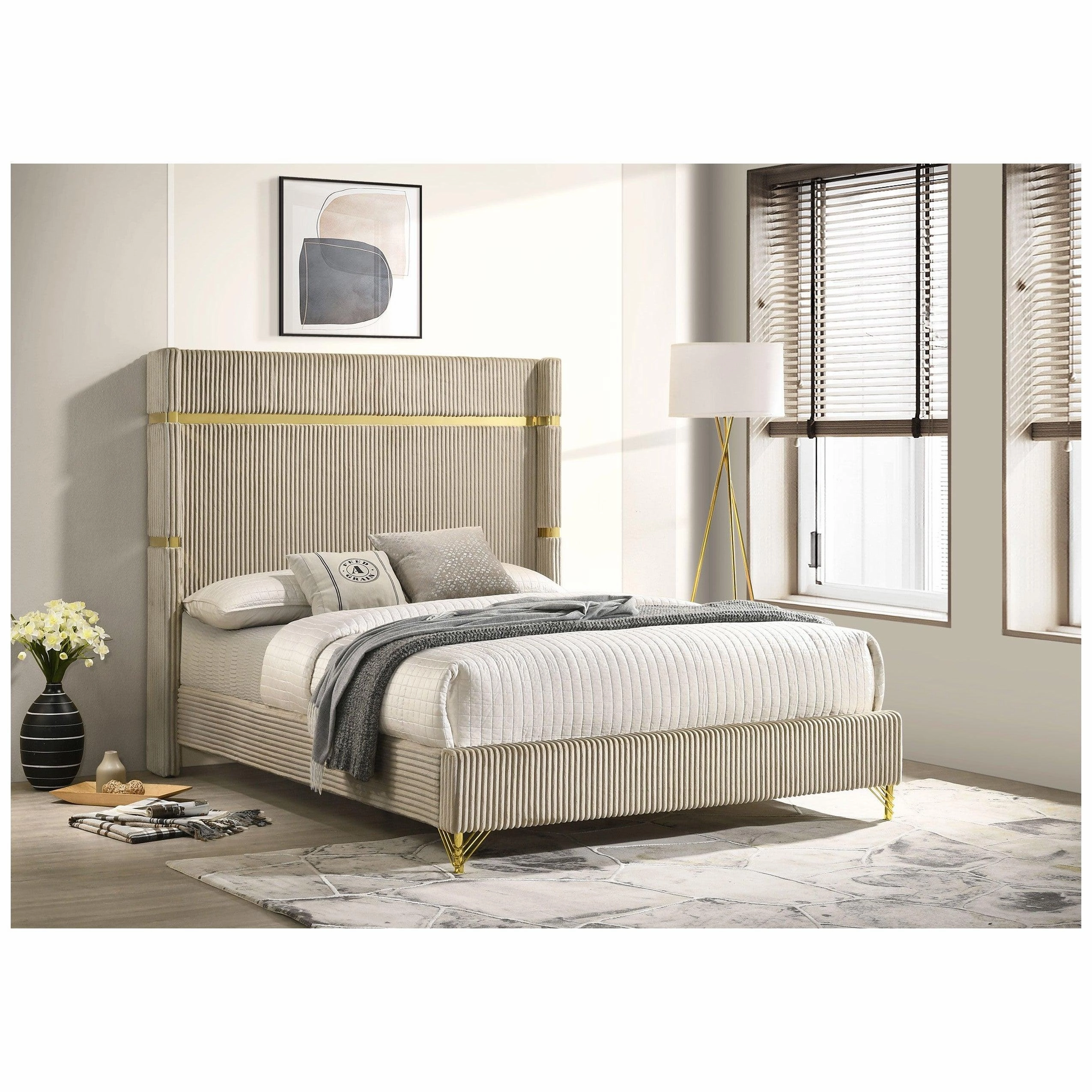 Coaster Lucia Upholstered Queen Wingback Panel Bed Beige