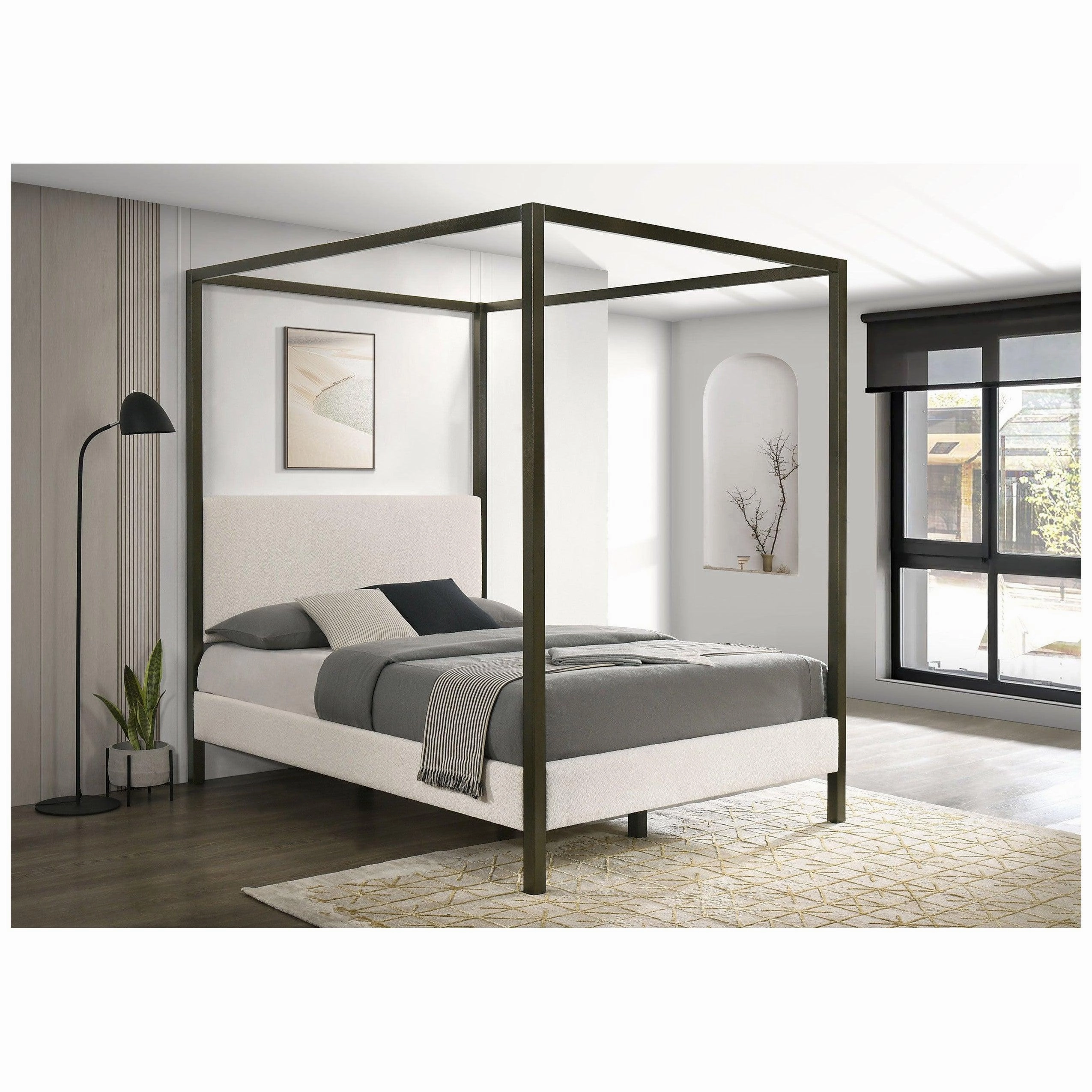 Coaster Monroe Upholstered Eastern King Canopy Platform Bed Vanilla and Black