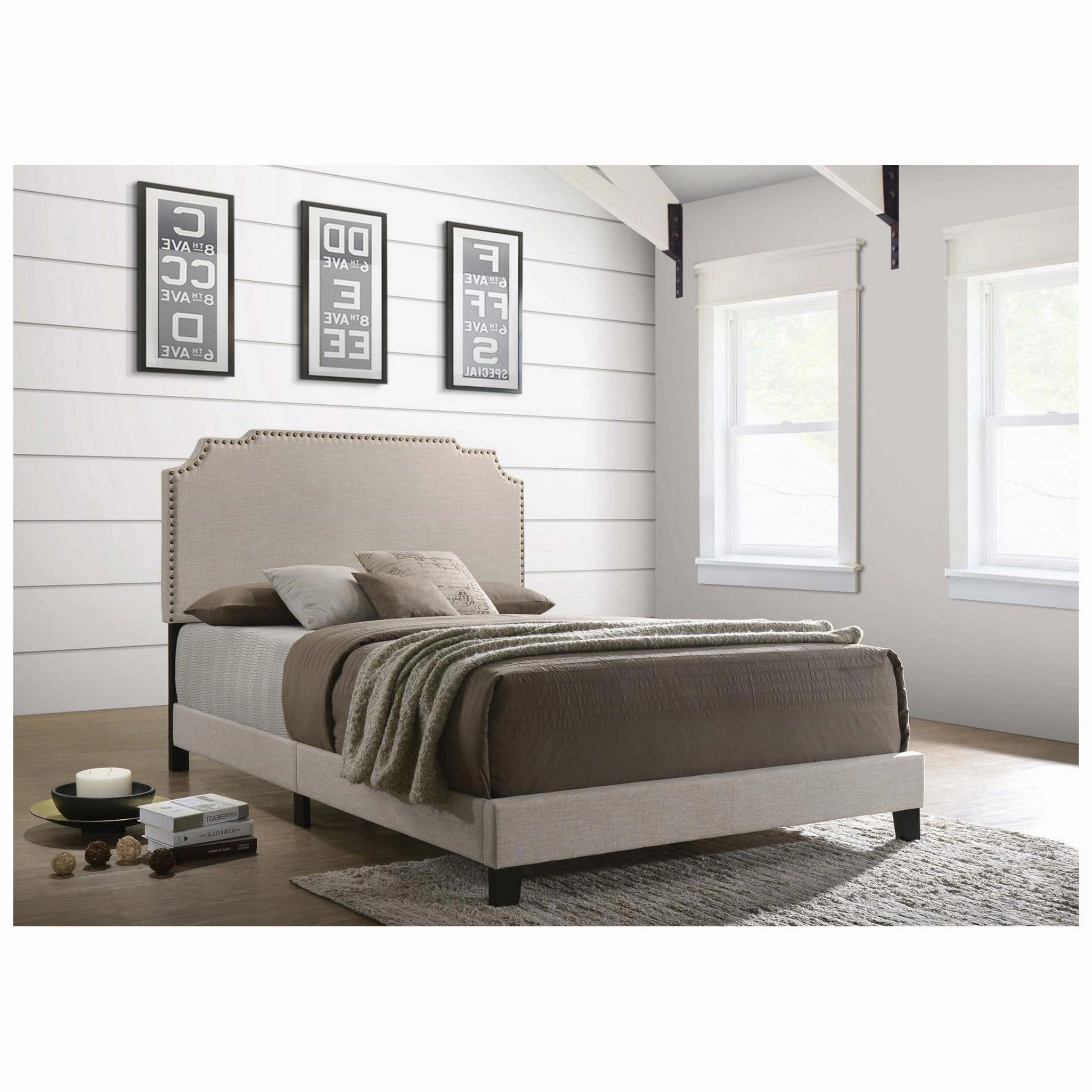 Coaster Tamarac Upholstered Nailhead Queen Bed Beige