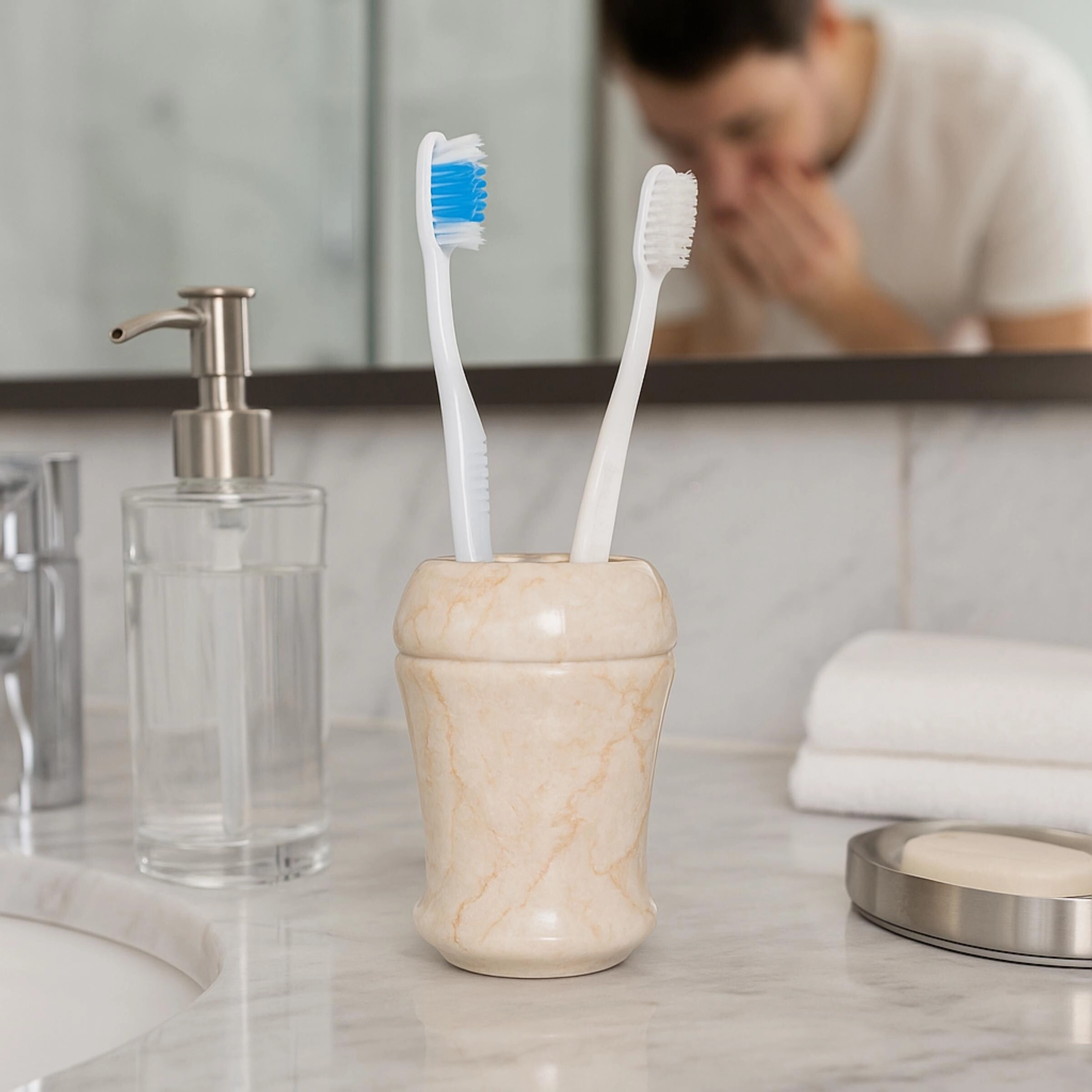 Creative Home Fluted Collection Champagne Marble Toothbrush Holder, Tooth Brush Holder - Beige
