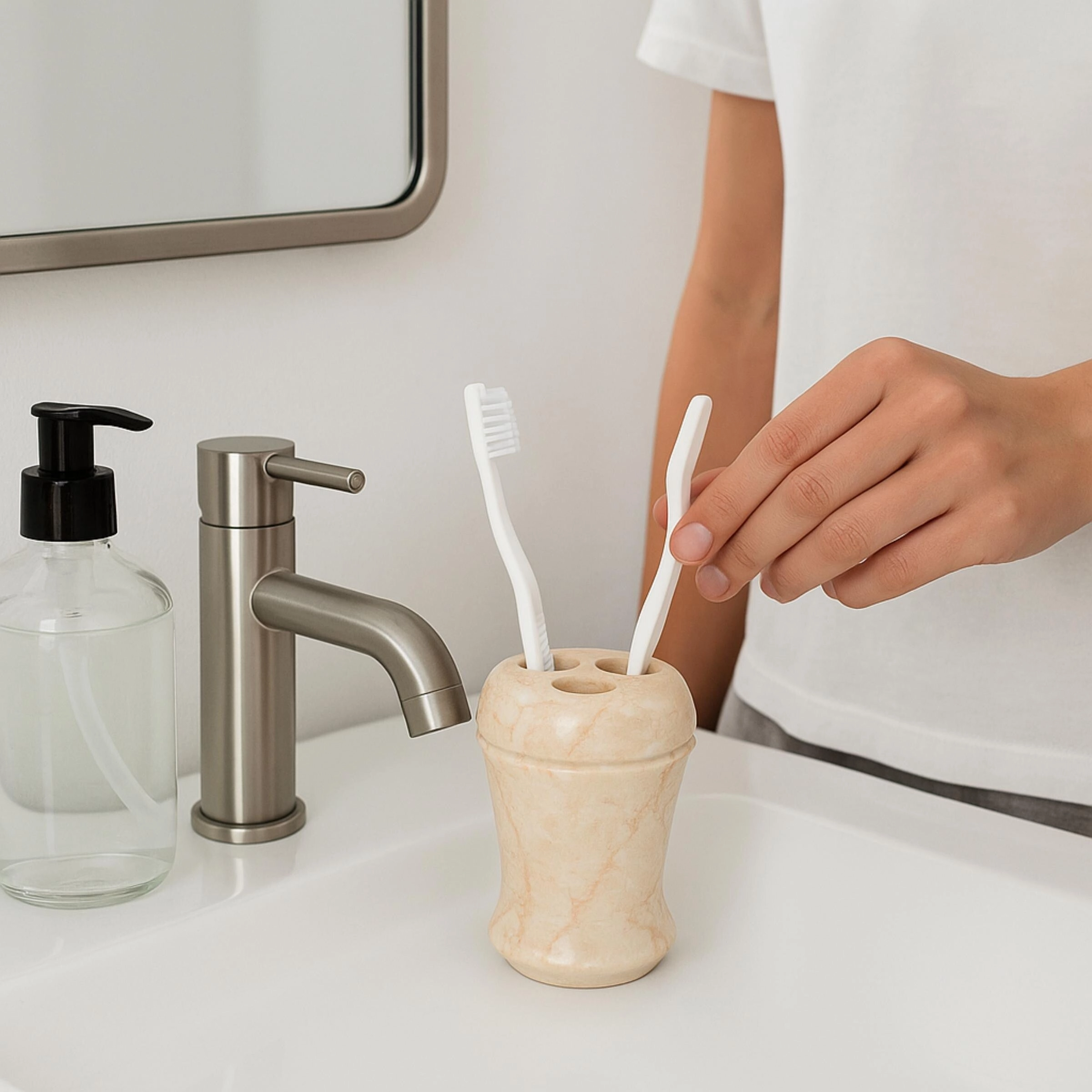 Creative Home Fluted Collection Champagne Marble Toothbrush Holder, Tooth Brush Holder - Beige