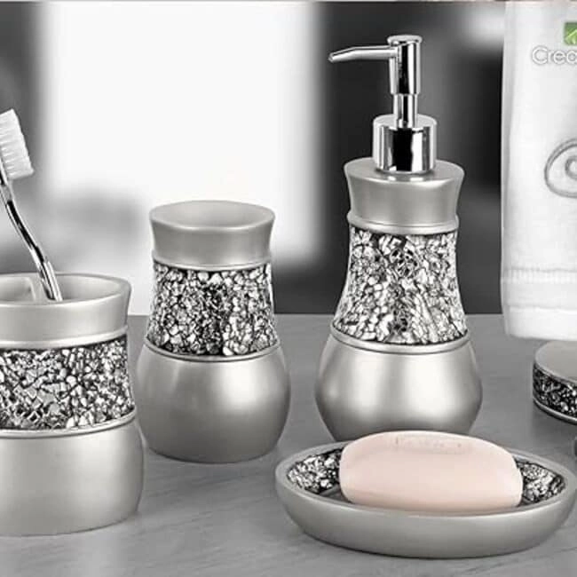 Creative Scents Crackled Glass Silver Toothbrush Organizer