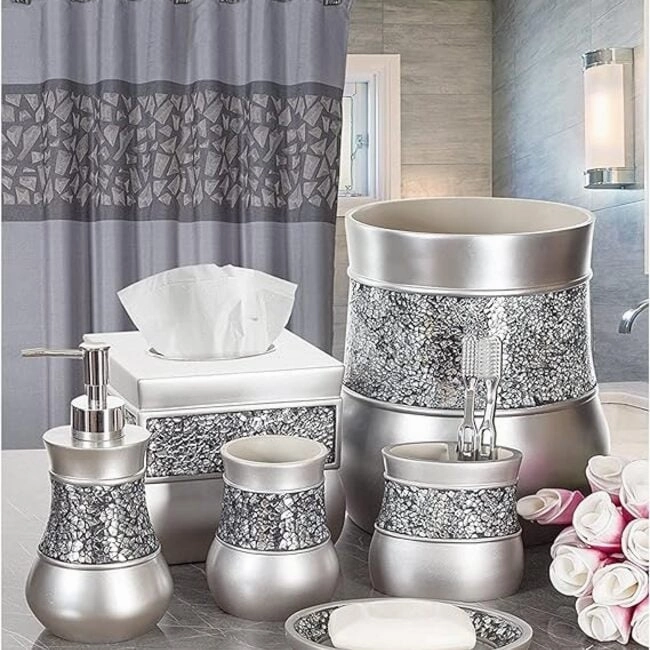 Creative Scents Crackled Glass Silver Toothbrush Organizer