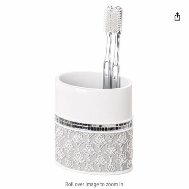Creative Scents Mirror Damask Gray & White Toothbrush Holder - Grey - Grey toothbrush holder,bathroom cup,bathroom organizer