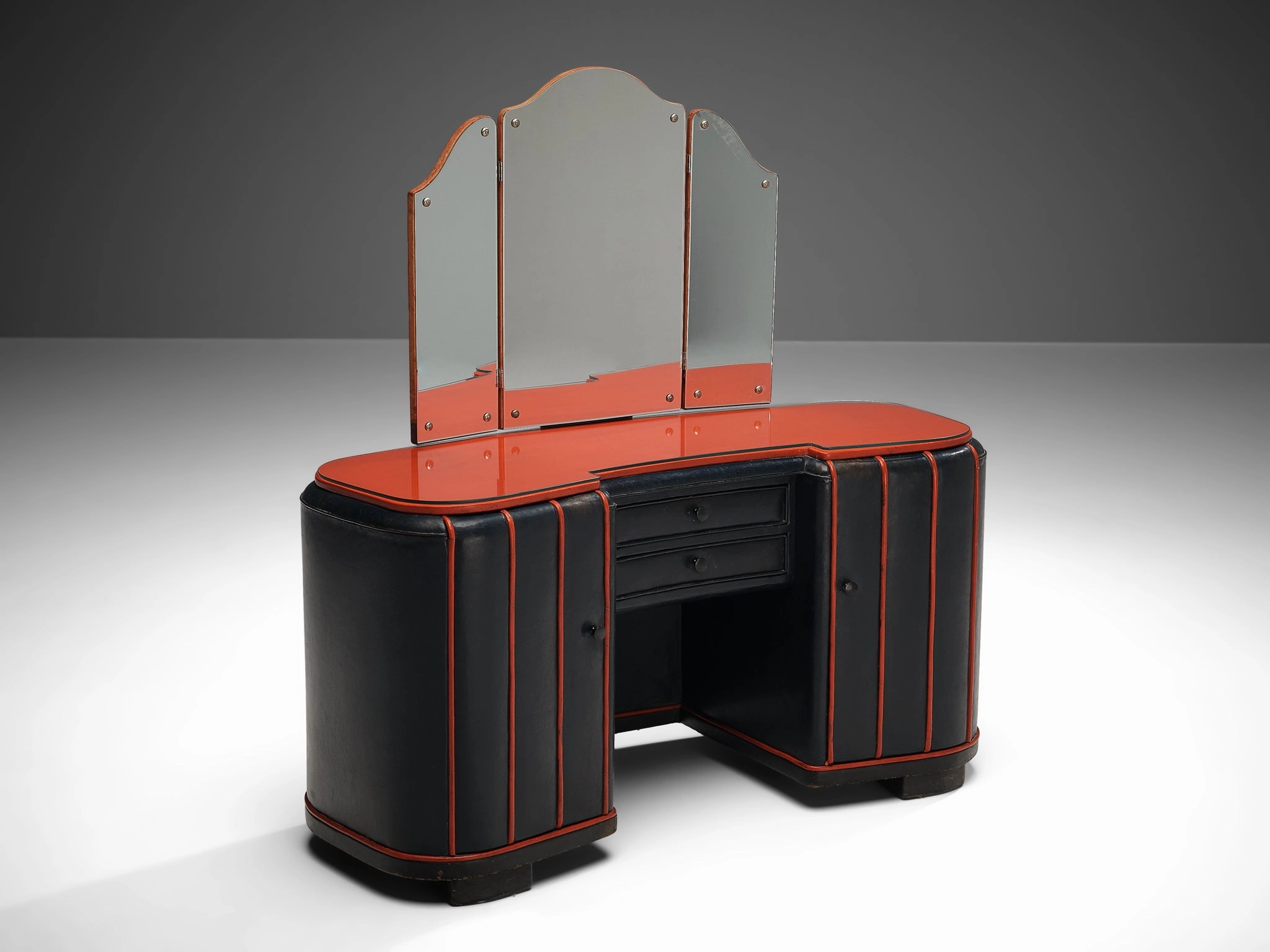 Danish Dressing Table in Navy Blue Leather and Red Lacquered Wood storage cabinet,organizer,furniture storage