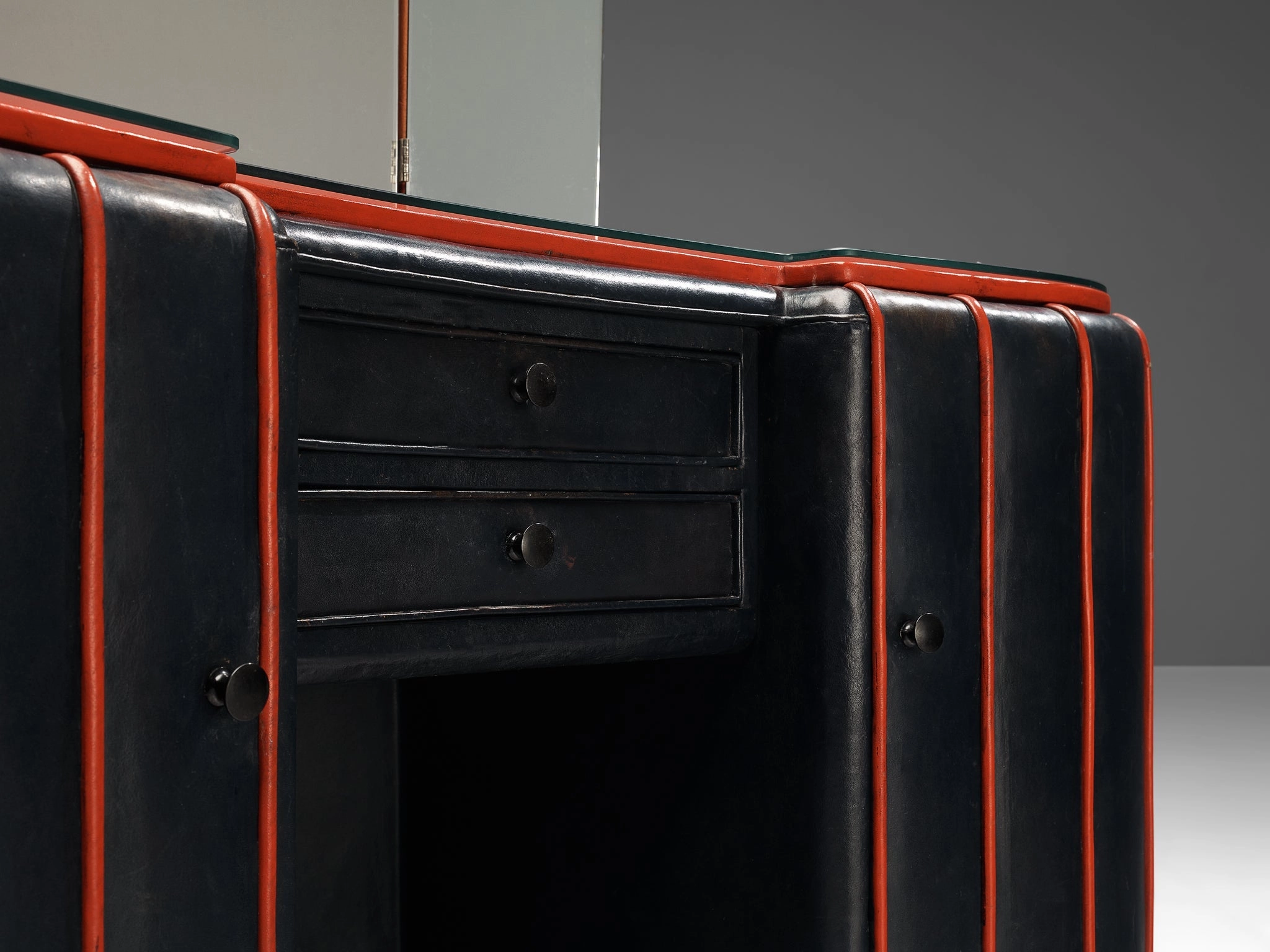 Danish Dressing Table in Navy Blue Leather and Red Lacquered Wood