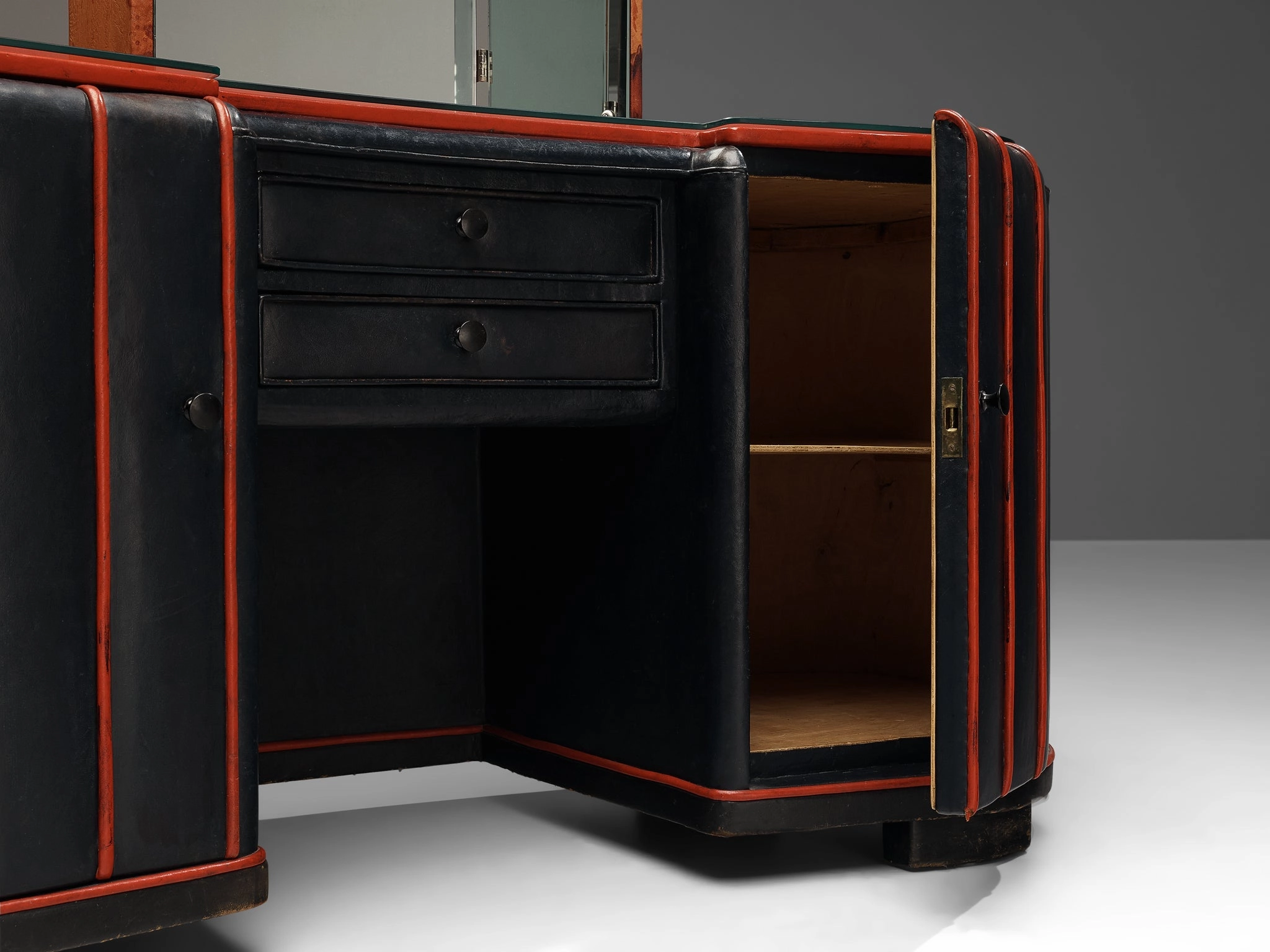 Danish Dressing Table in Navy Blue Leather and Red Lacquered Wood