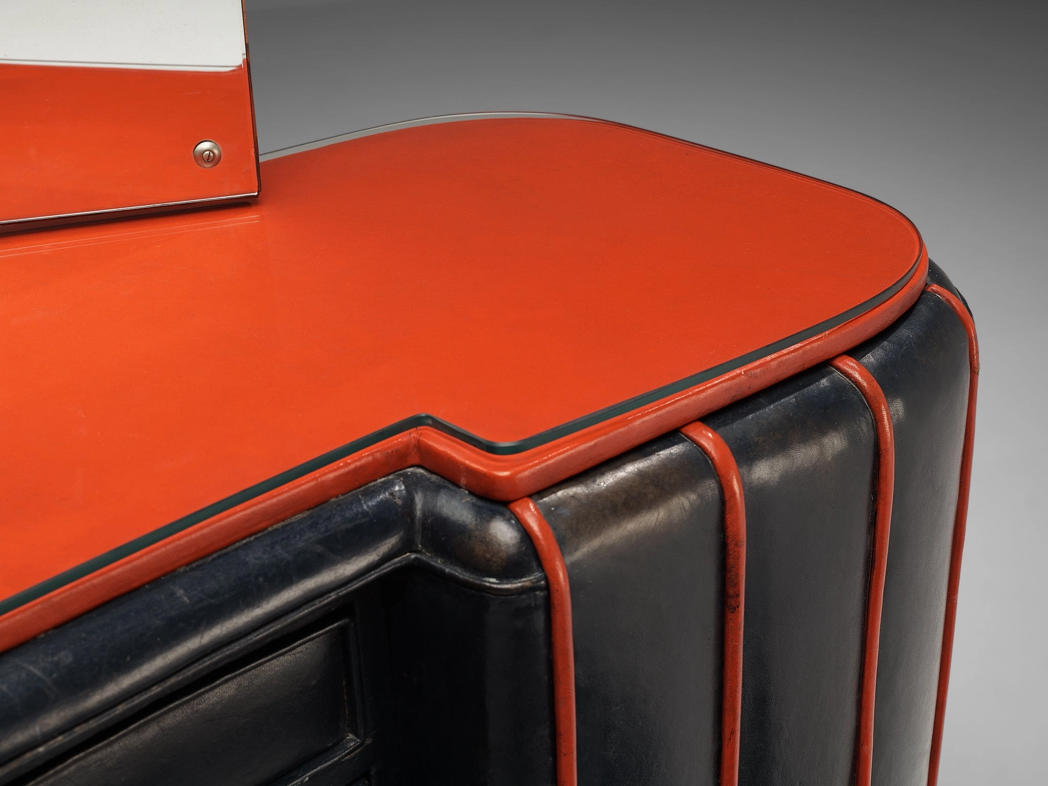 Danish Dressing Table in Navy Blue Leather and Red Lacquered Wood
