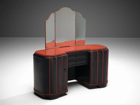 Danish Dressing Table in Navy Blue Leather and Red Lacquered Wood storage cabinet,organizer,furniture storage