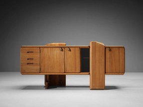 Early Pierre Chapo 'R28' Sideboard in Solid Elm and Brass storage cabinet,organizer,furniture storage