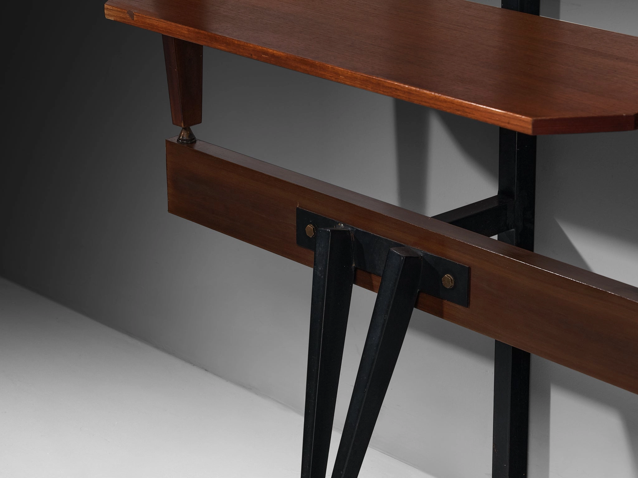 Elegant Italian Wall Unit in Teak, Brass and Steel