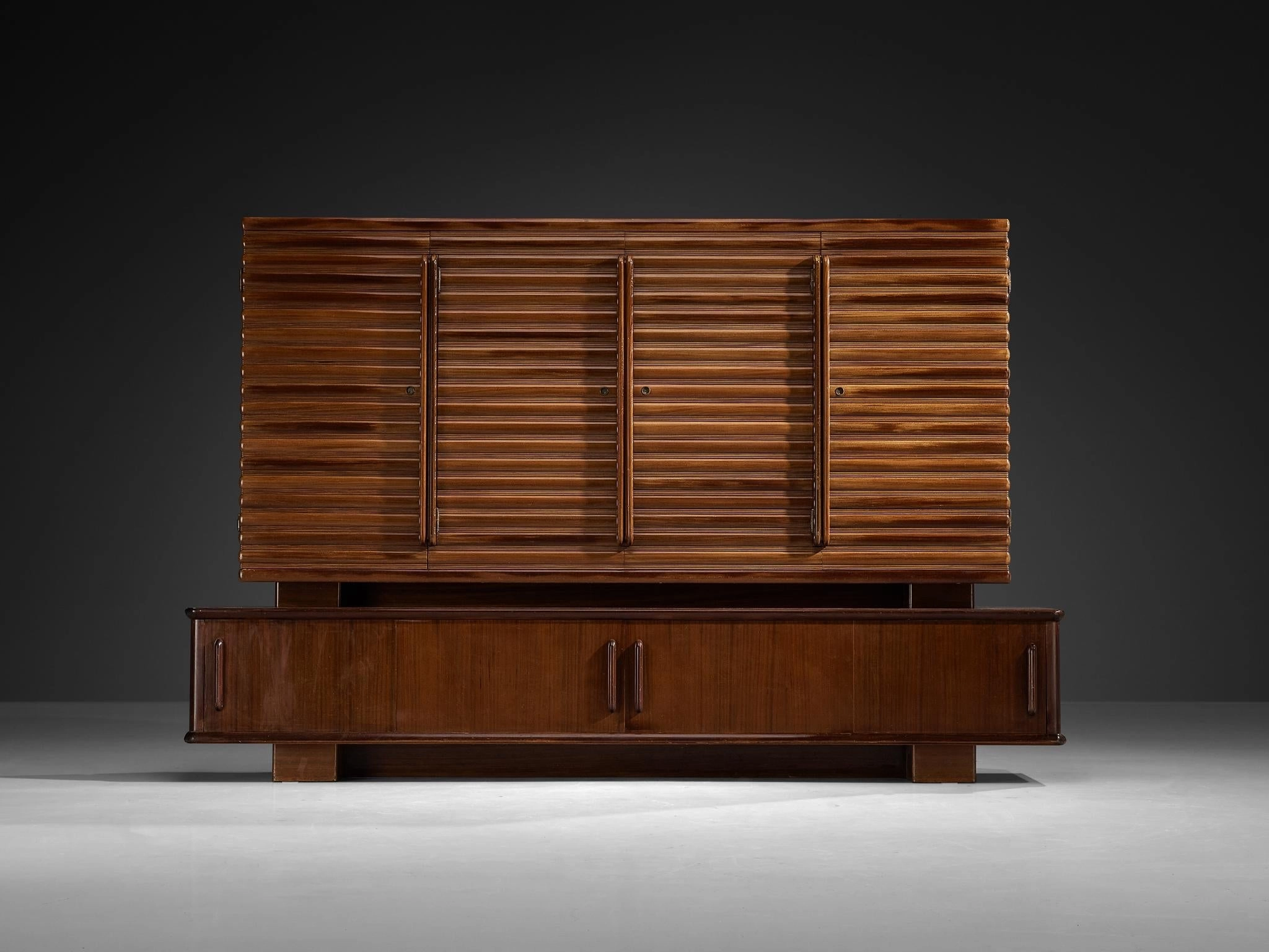 Enrico & Paolo Borghi High Sideboard in Mahogany with Carved Doors