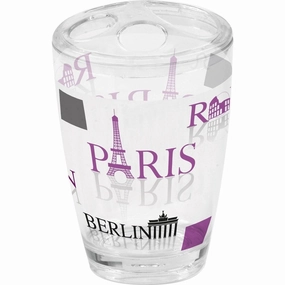 Evideco Clear Toothbrush Toothpaste Holder Design World Capitals - Purple,Gray, White, Multi - 2.95 L x 2.95 W x 4.52 H toothbrush holder,bathroom cup,bathroom organizer