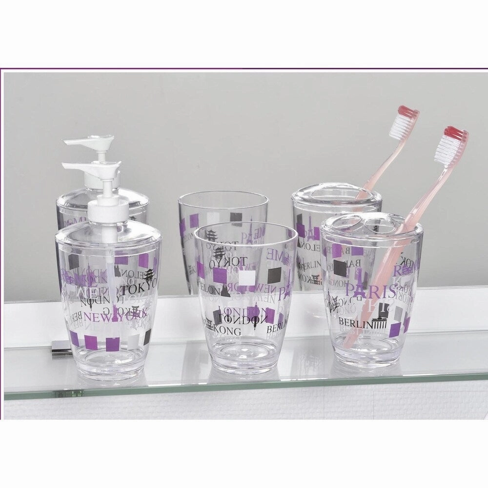 Evideco Clear Toothbrush Toothpaste Holder Design World Capitals - Purple,Gray, White, Multi - 2.95 L x 2.95 W x 4.52 H