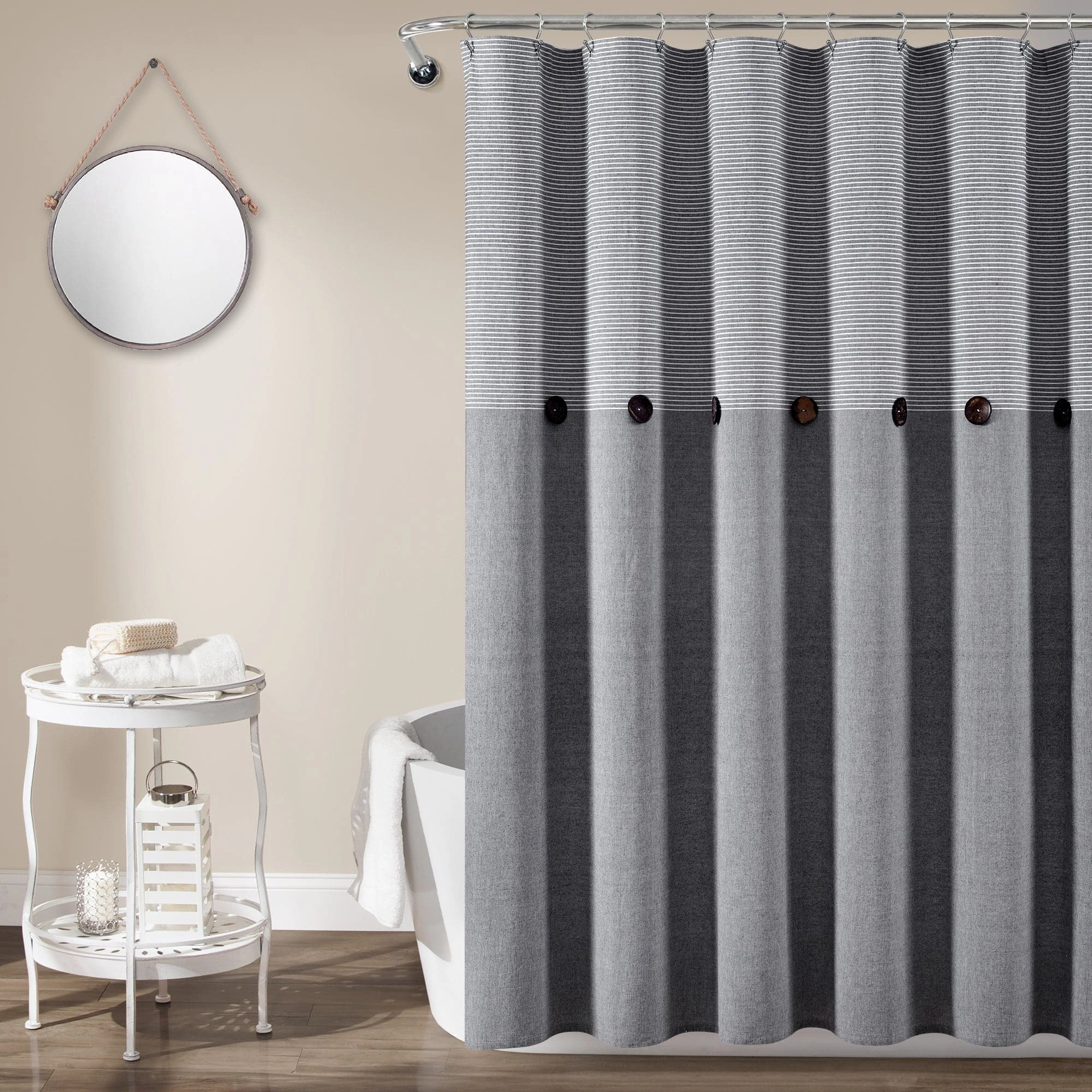 Farmhouse Button Stripe Yarn Dyed Shower Curtain shower curtain,bath curtain,bathroom decor