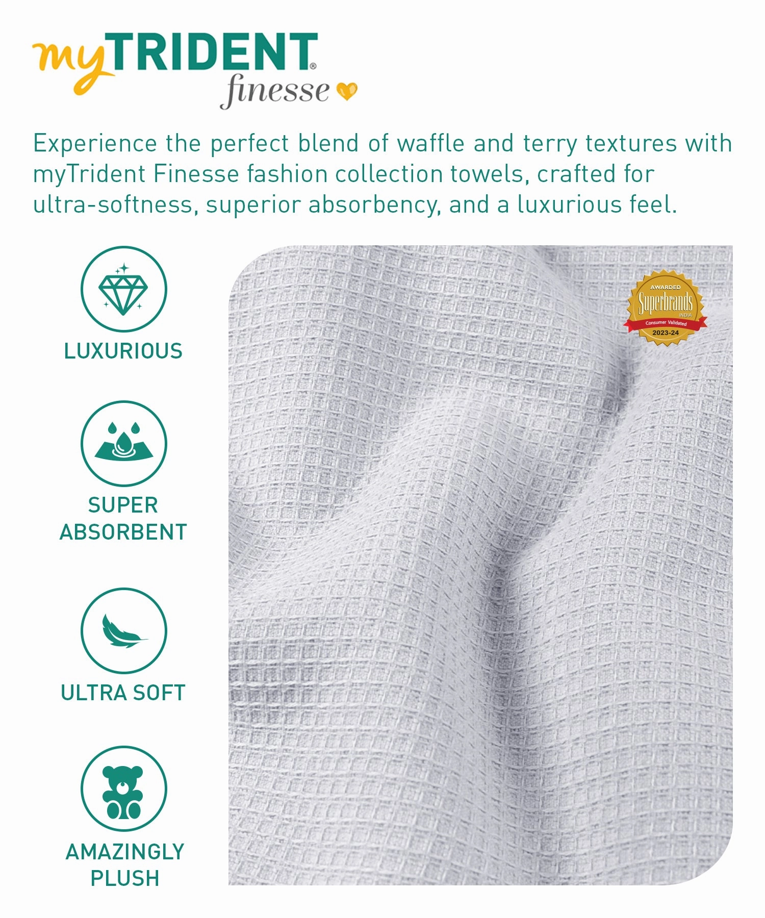 Finesse Fashion Waffle Towel , 600 Gsm, Cotton Rich, Bath Towel, High Rise