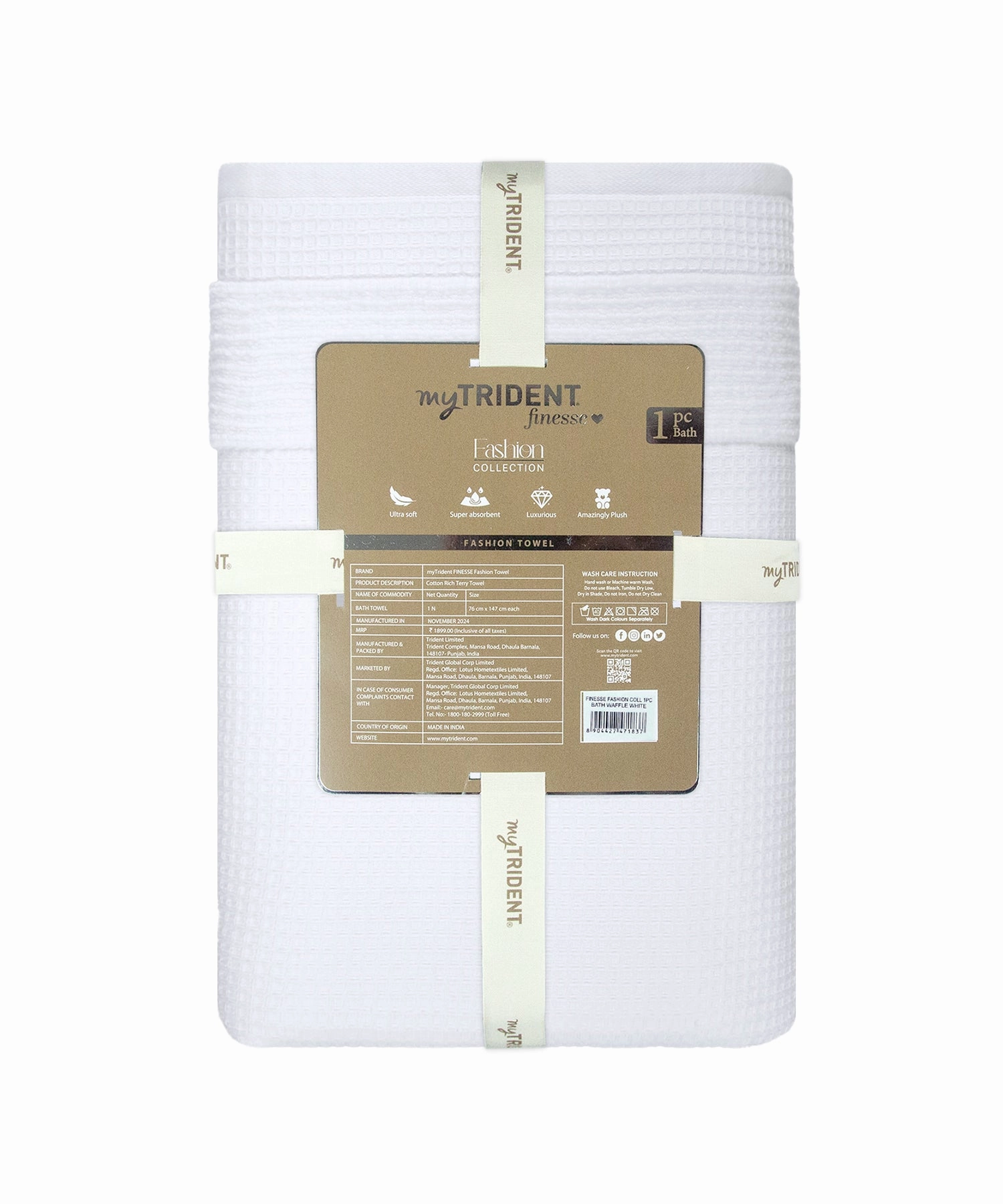 Finesse Fashion Waffle Towel , 600 Gsm, Cotton Rich, Bath Towel, White